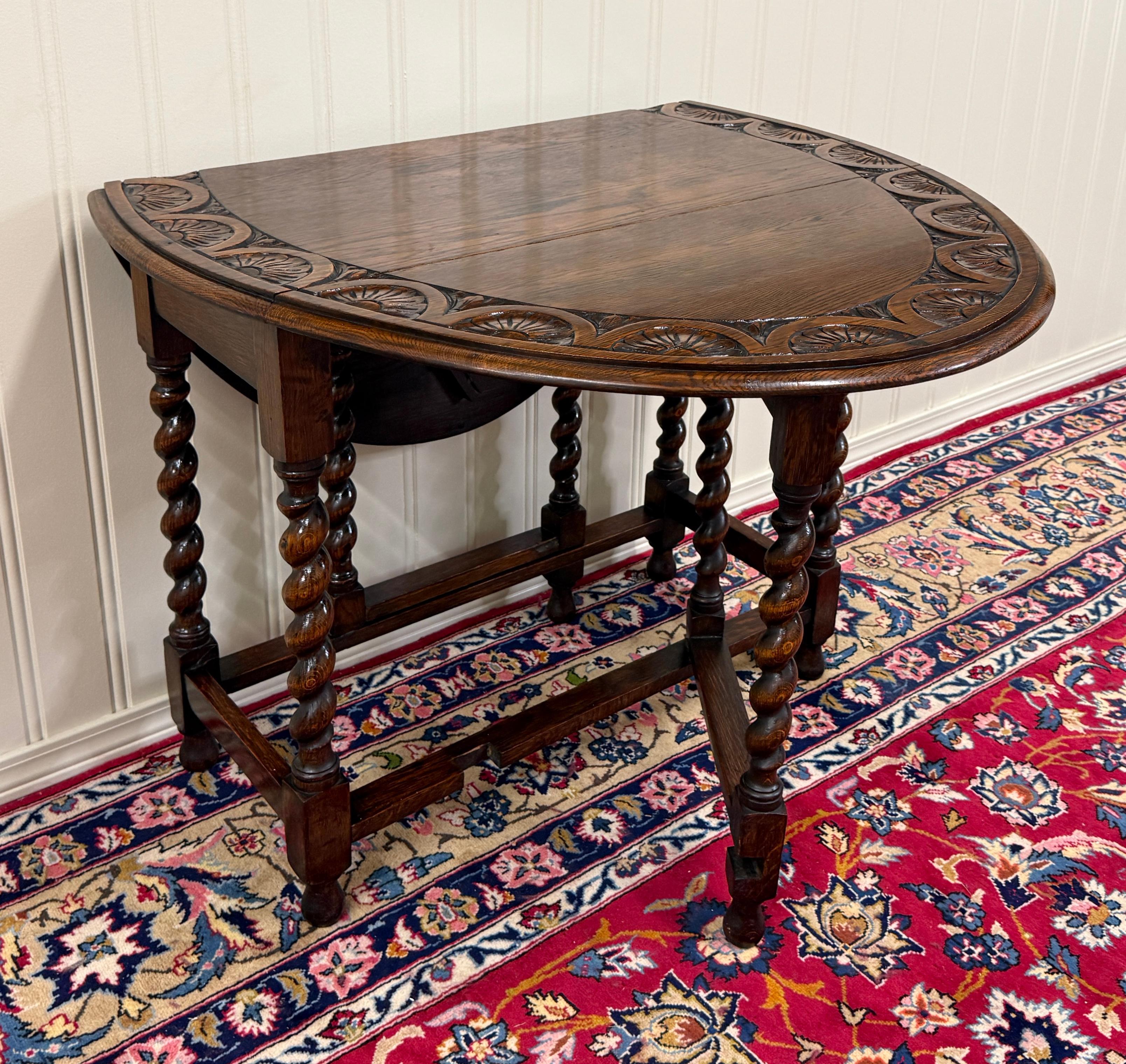 Antique English Table Drop Leaf Gateleg CARVED TOP Barley Twist Oak c. 1920-30s For Sale 9