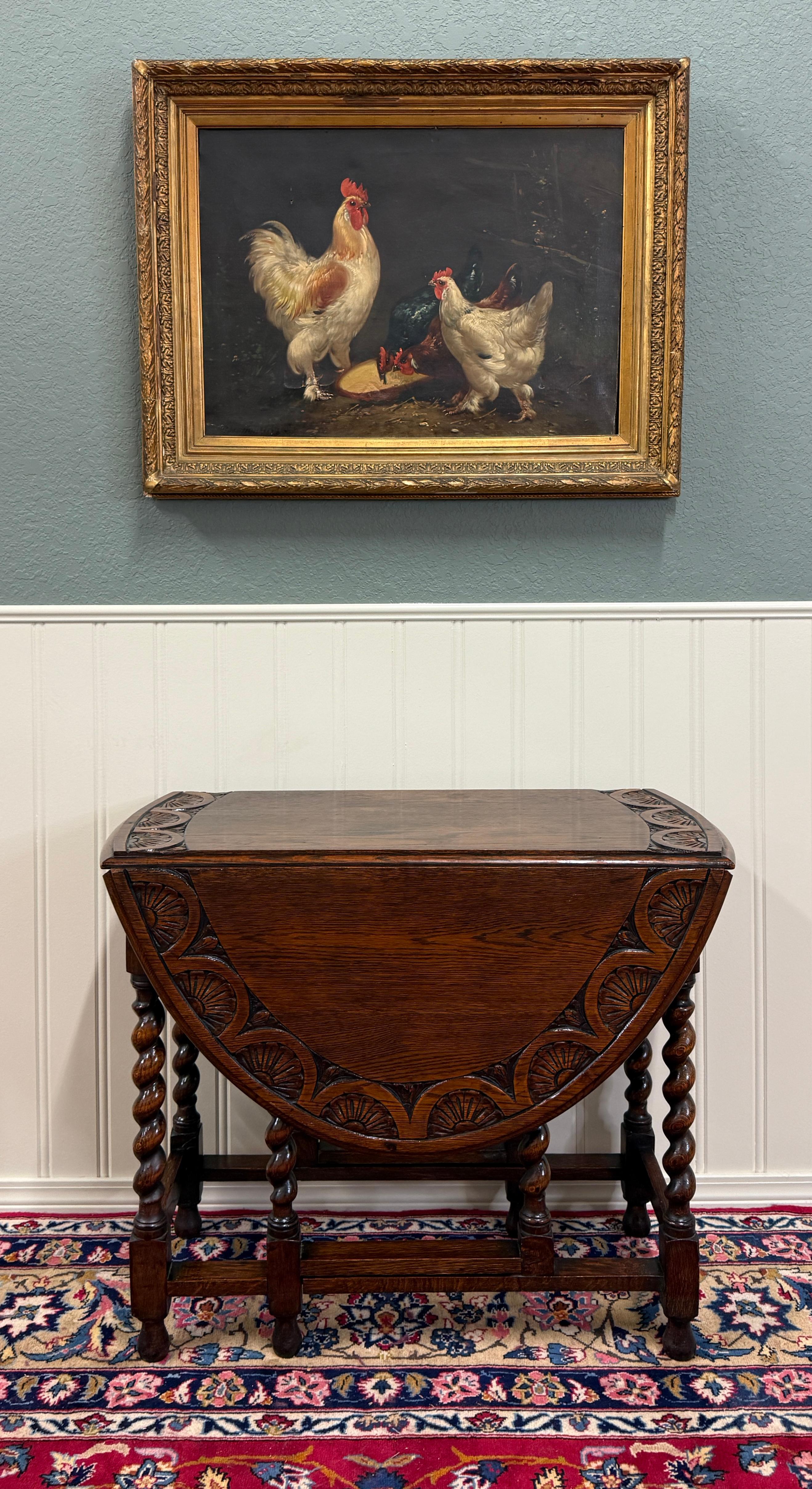 Jacobean Antique English Table Drop Leaf Gateleg CARVED TOP Barley Twist Oak c. 1920-30s For Sale