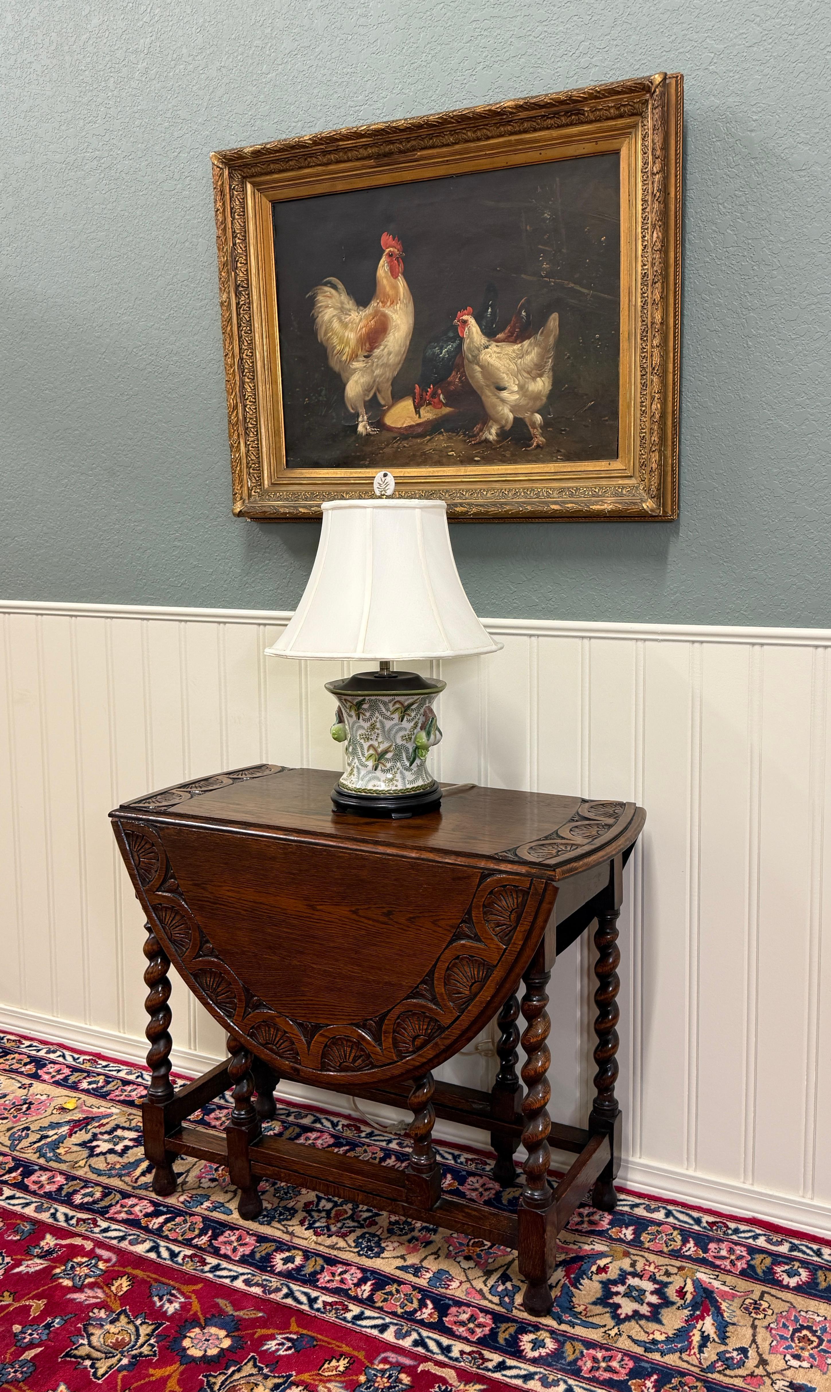Antique English Table Drop Leaf Gateleg CARVED TOP Barley Twist Oak c. 1920-30s For Sale 3