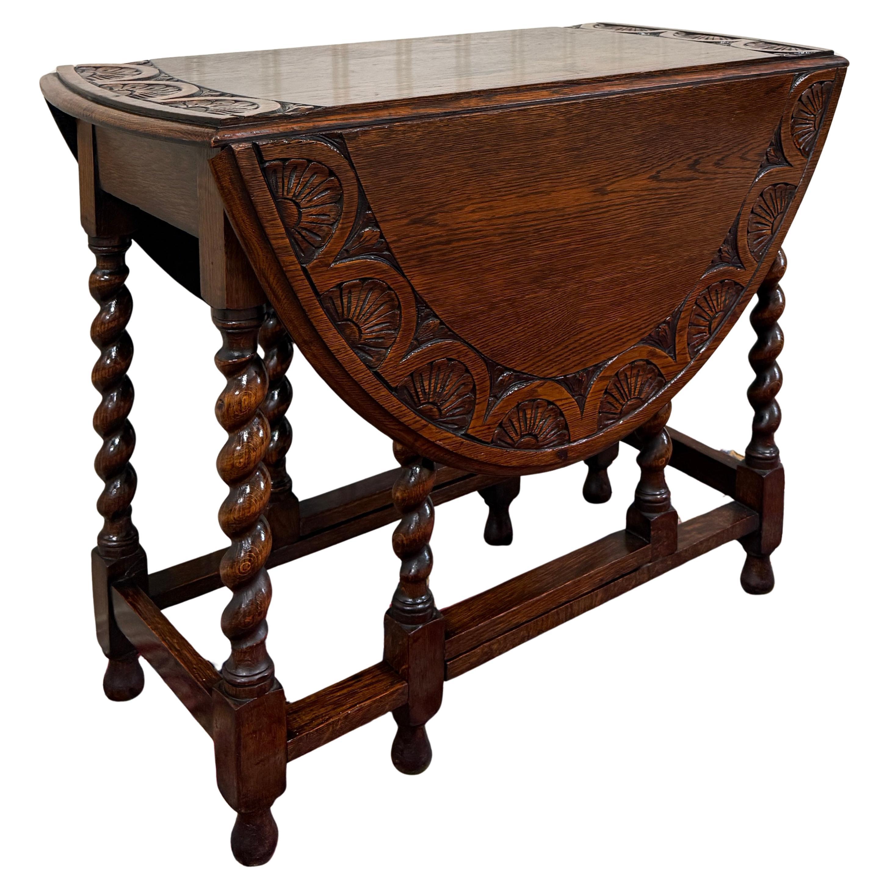 Antique English Table Drop Leaf Gateleg CARVED TOP Barley Twist Oak c. 1920-30s