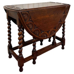 Antique English Table Drop Leaf Gateleg CARVED TOP Barley Twist Oak c. 1920-30s