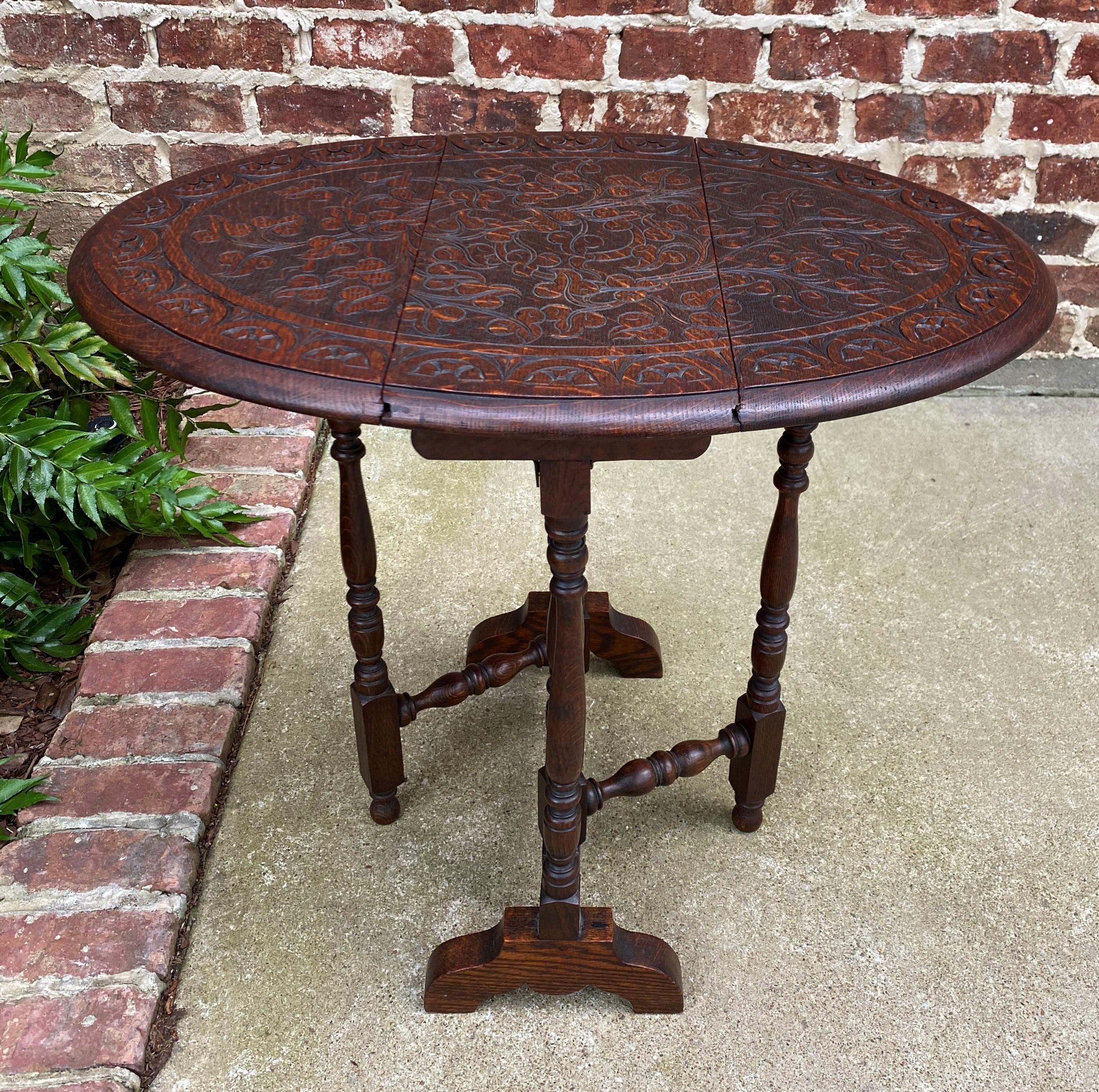 Antique English Table Drop Leaf Gateleg Oval Carved Top Trestle Base 7