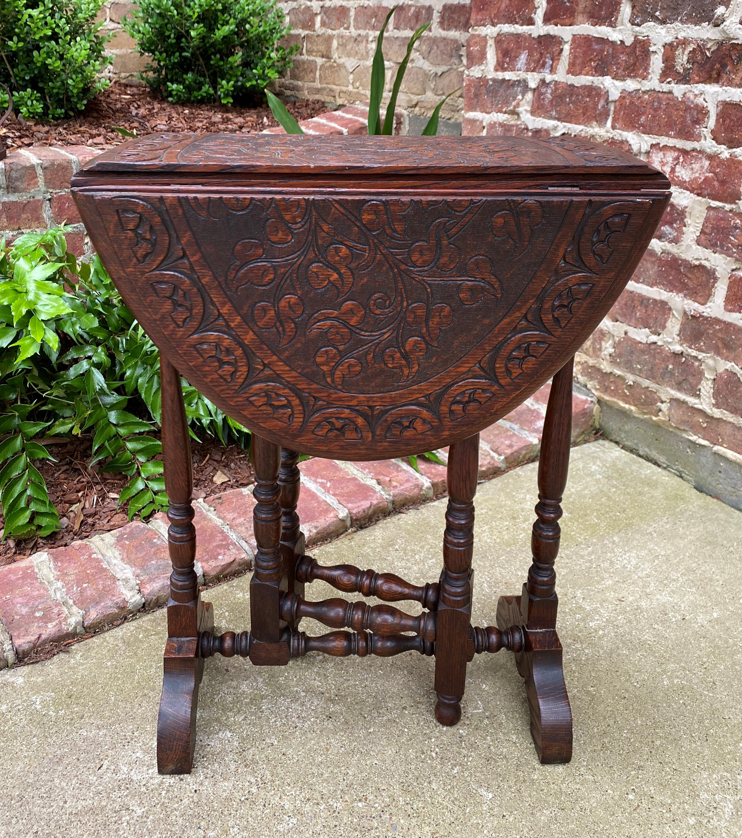 Antique English Table Drop Leaf Gateleg Oval Carved Top Trestle Base 8