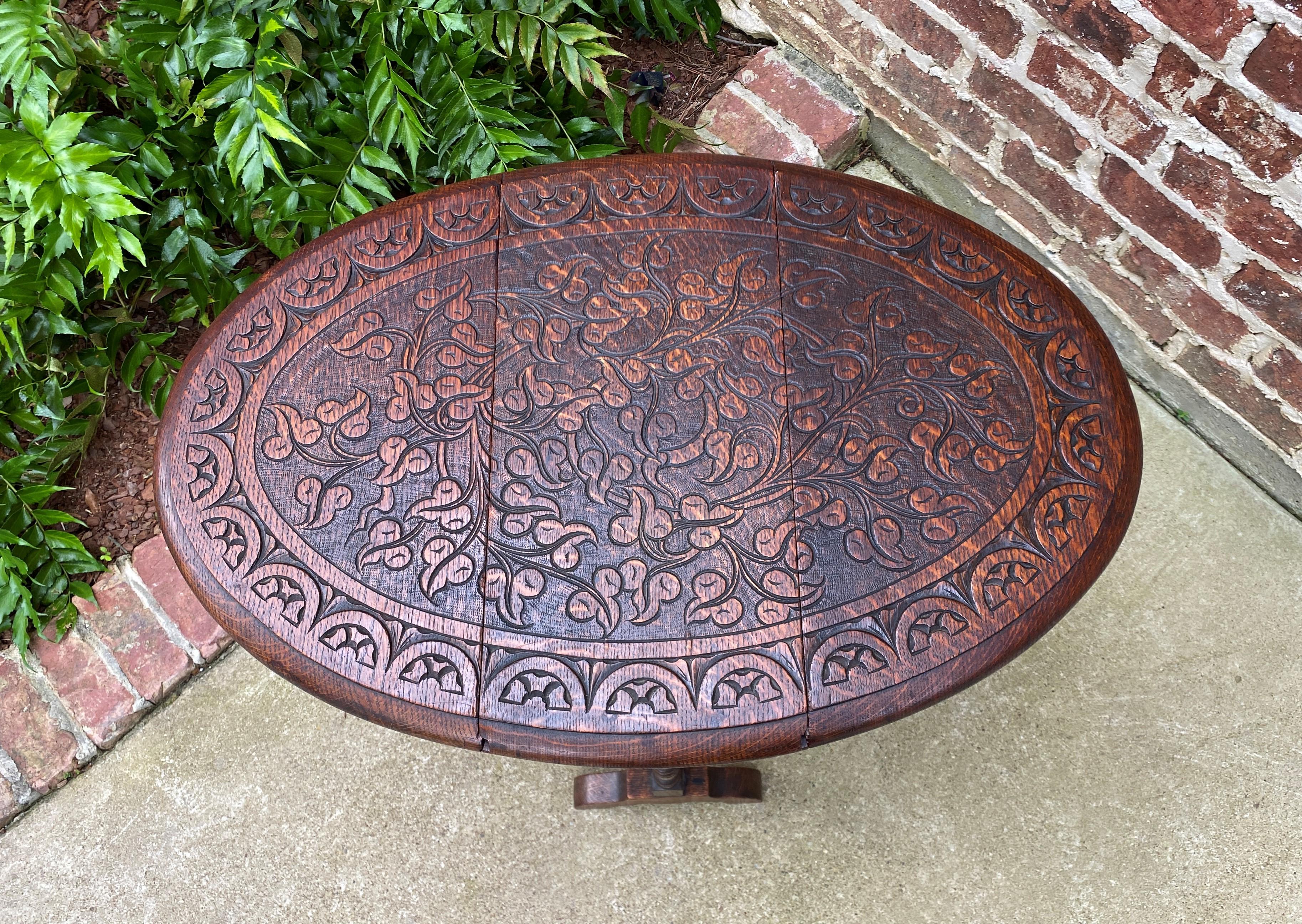 Jacobean Antique English Table Drop Leaf Gateleg Oval Carved Top Trestle Base