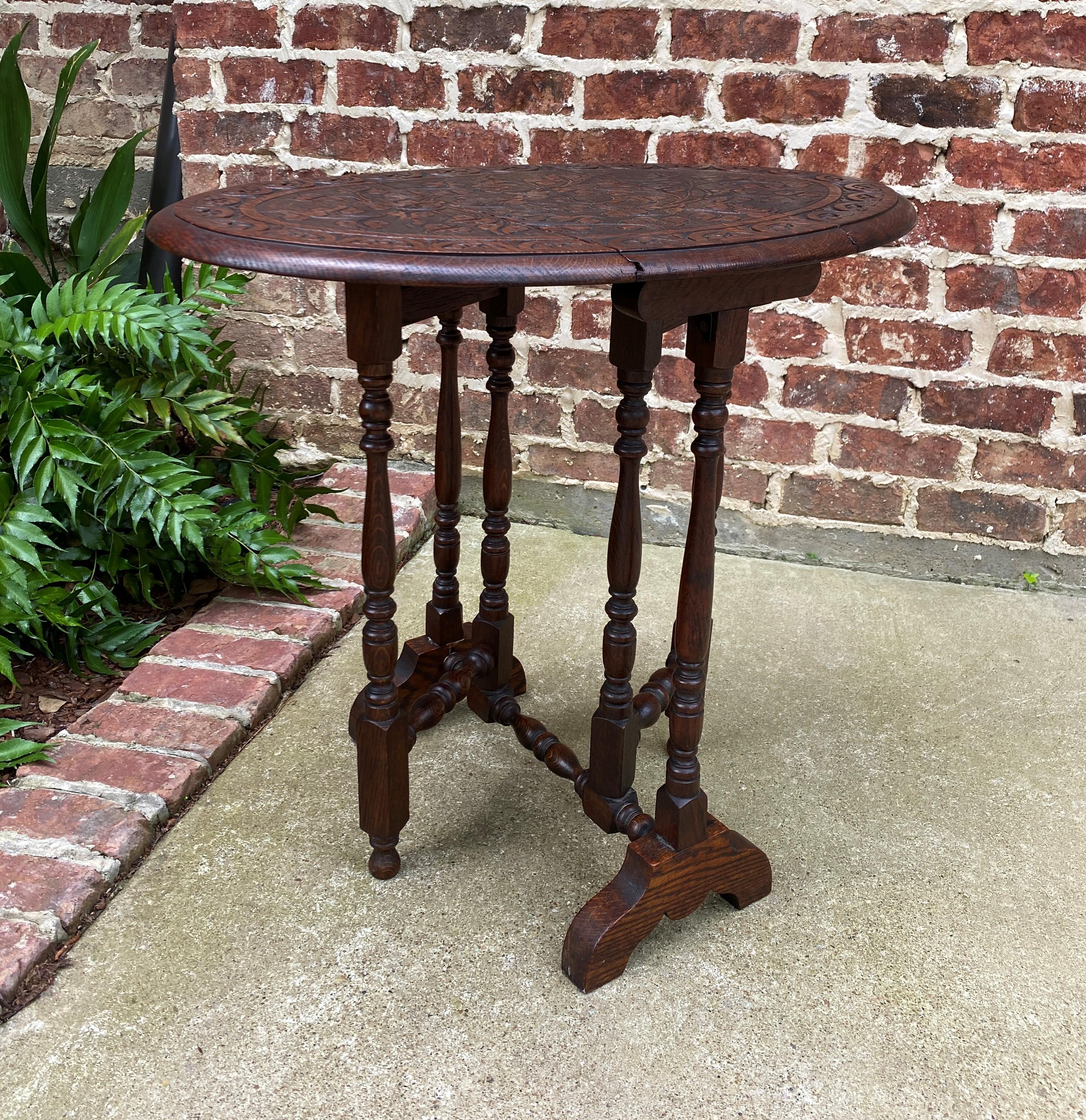 Antique English Table Drop Leaf Gateleg Oval Carved Top Trestle Base 3
