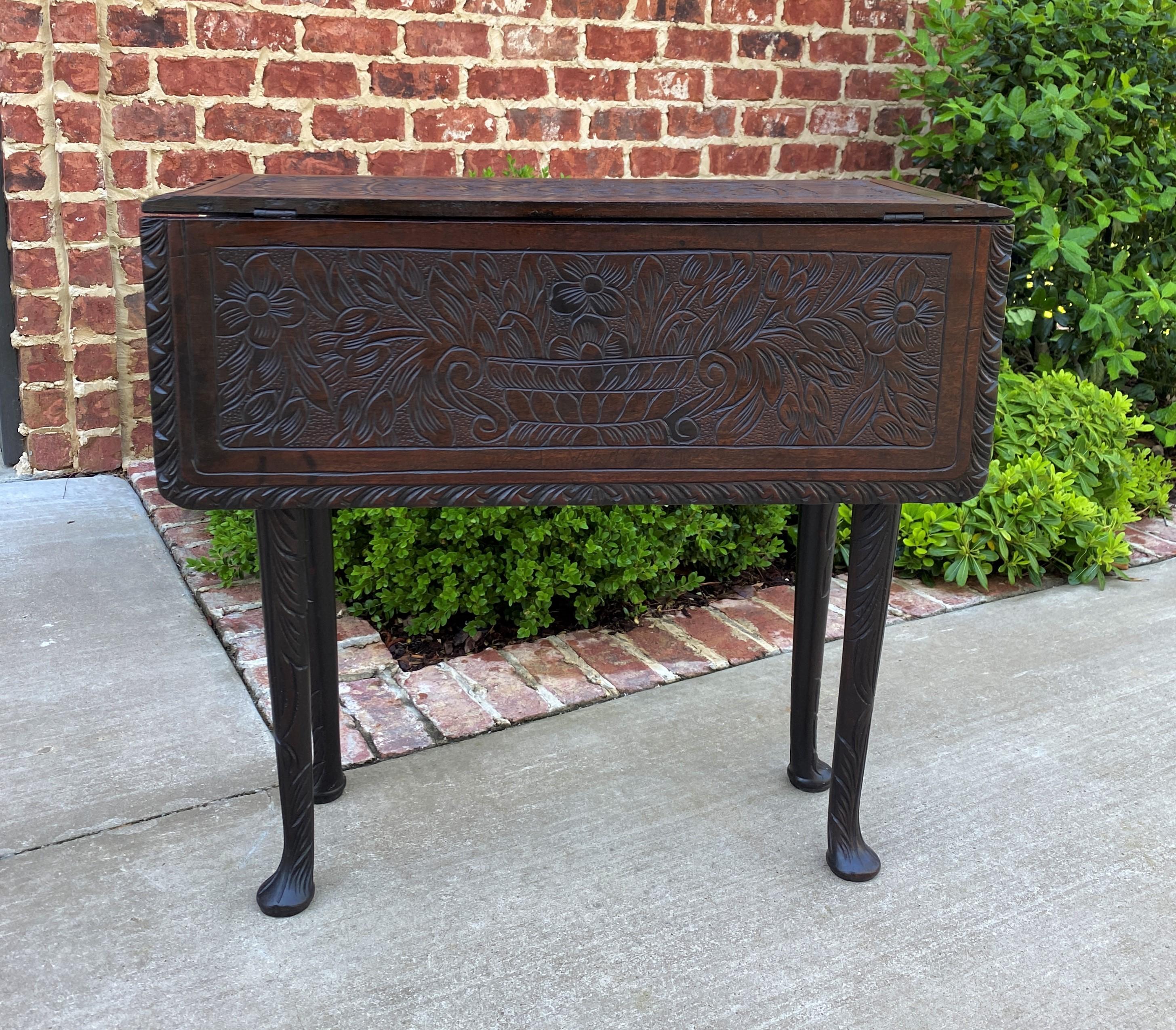 EXQUISITE Victorian Era Antique English Dark Oak Drop Leaf Gateleg Square Table~~CARVED TOP~~Carved Legs with Pad Feet~~c. 1890s

 Always in high demand~~hard-to-find drop leaf table

 Solid and sturdy~~very nice oak patina with beautiful carved