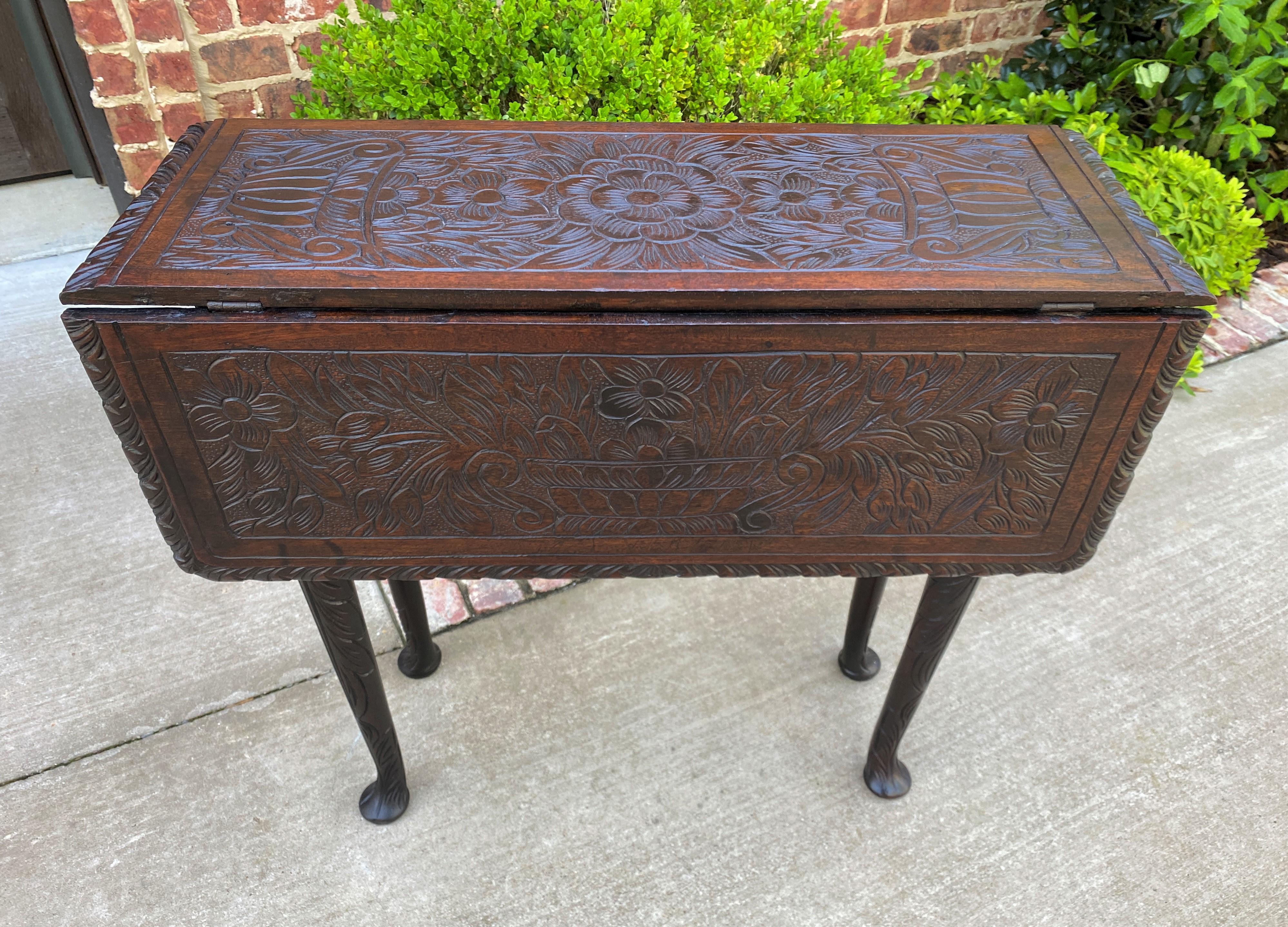 Antique English Table Drop Leaf Gateleg Pad Foot Square Top Oak Carved Victorian In Good Condition In Tyler, TX