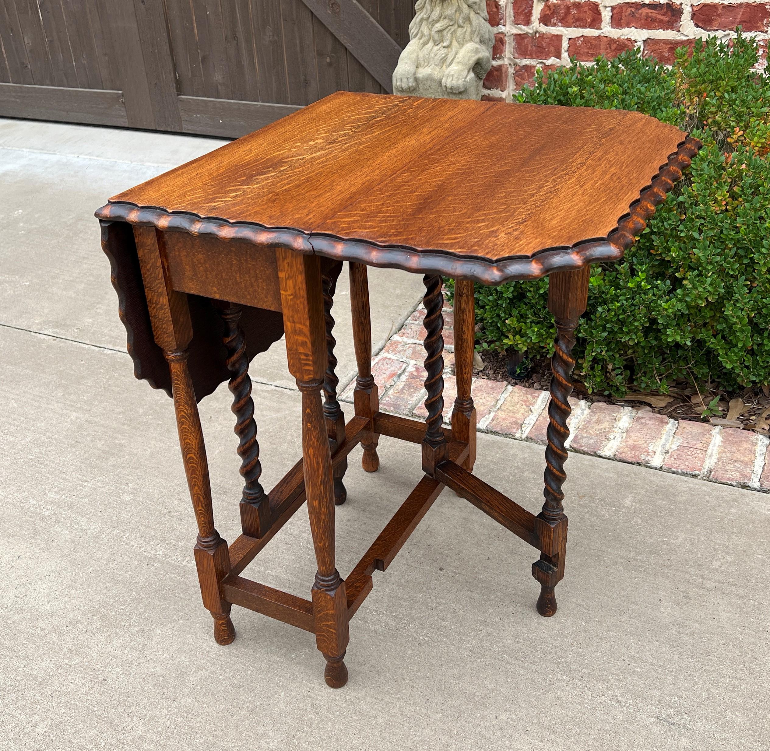 Carved Antique English Table Drop Leaf Gateleg Pie Crust Edge Oak Barley Twist Table For Sale