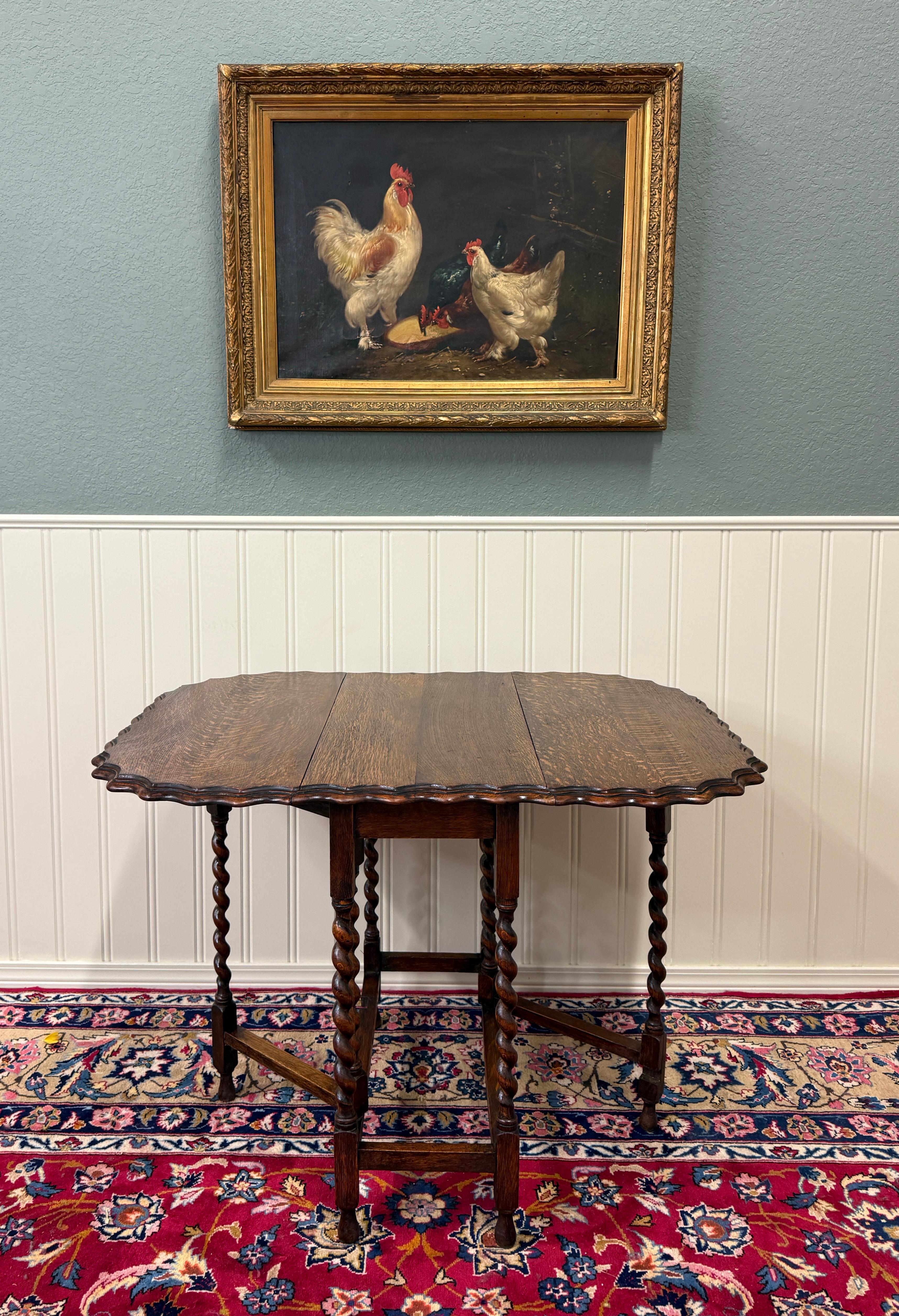 Antique English Table Drop Leaf Gateleg Pie Crust Top Barley Twist Oak c. 1930s For Sale 11