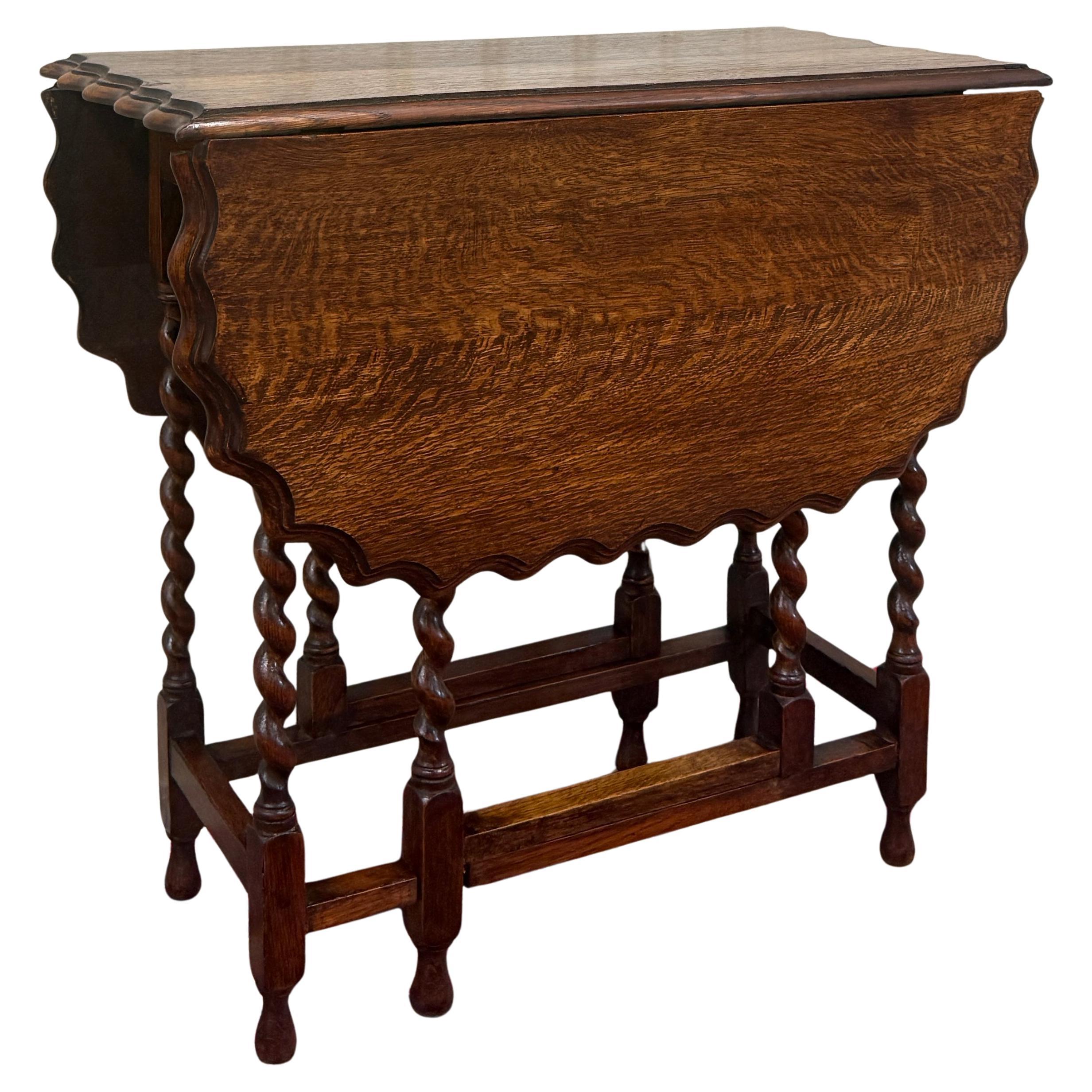 Antique English Table Drop Leaf Gateleg Pie Crust Top Barley Twist Oak c. 1930s