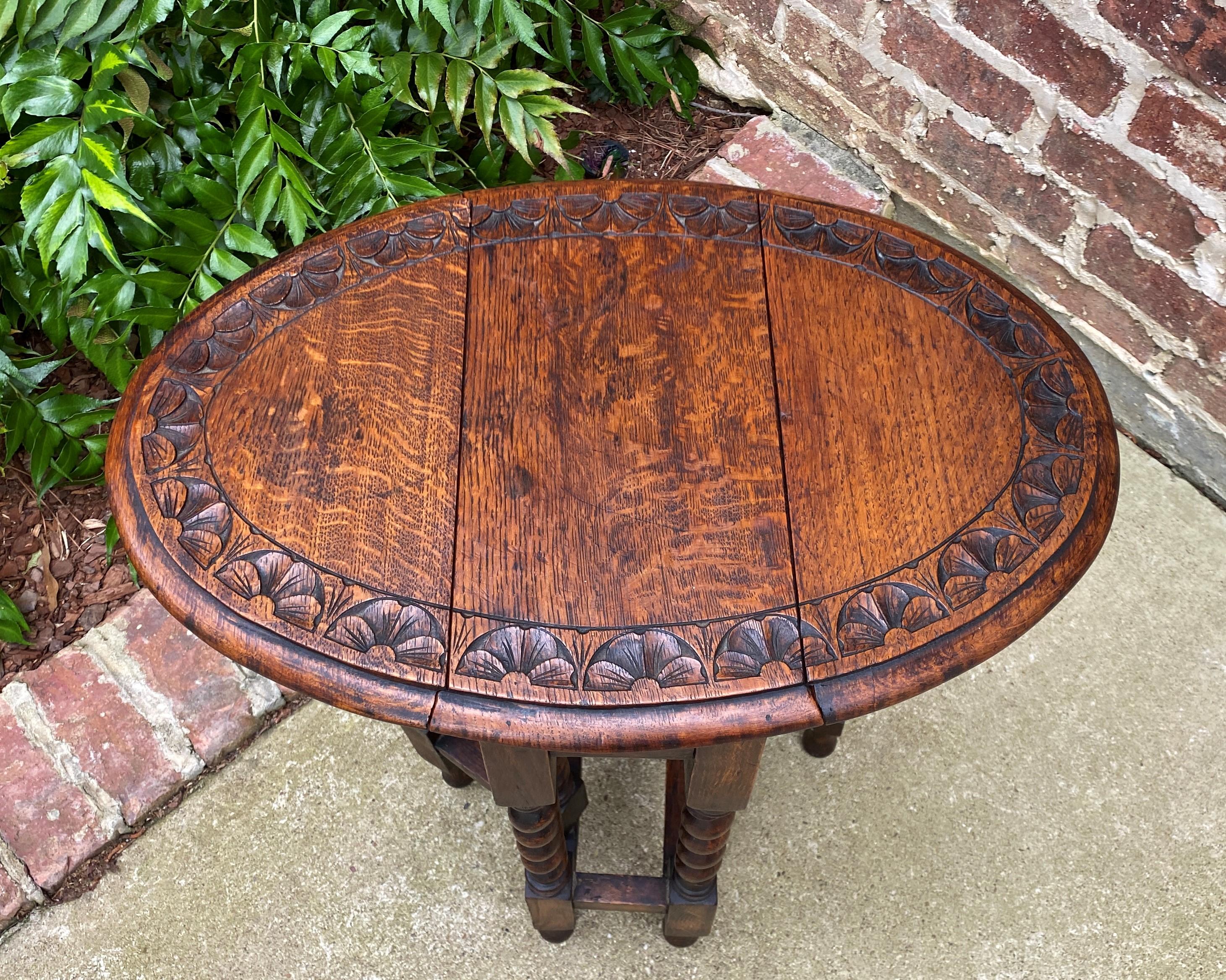 Antique English Table Drop Leaf Gateleg Super Petite Barley Twist Oak Carved Top In Good Condition In Tyler, TX