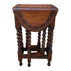 Antique English Table Drop Leaf Gateleg Super Petite Barley Twist Oak Carved Top