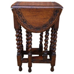 Antique English Table Drop Leaf Gateleg Super Petite Barley Twist Oak Carved Top