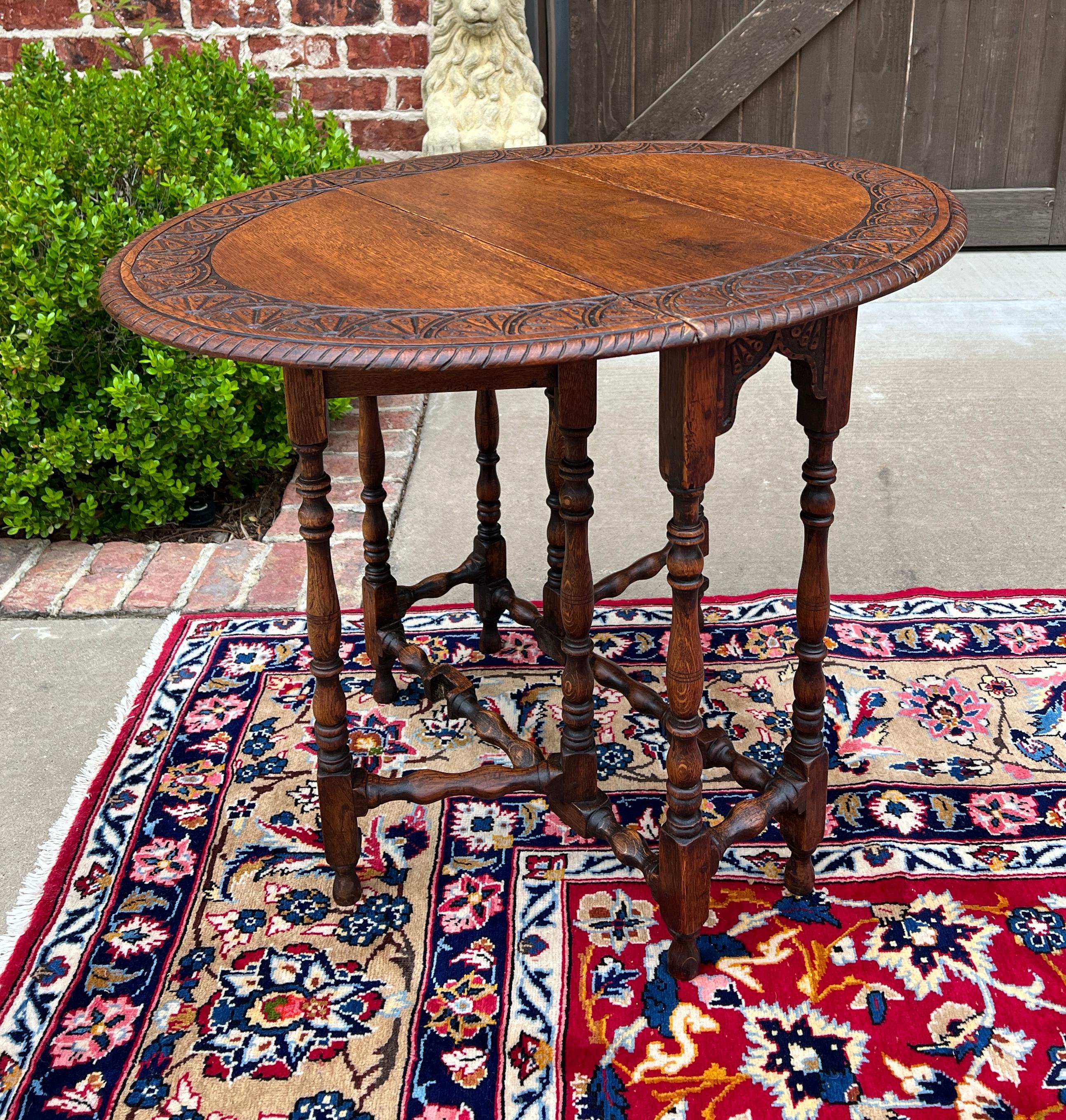 Antique English Table Drop Leaf Gateleg Turned Post Carved Top Oak Oval For Sale 5