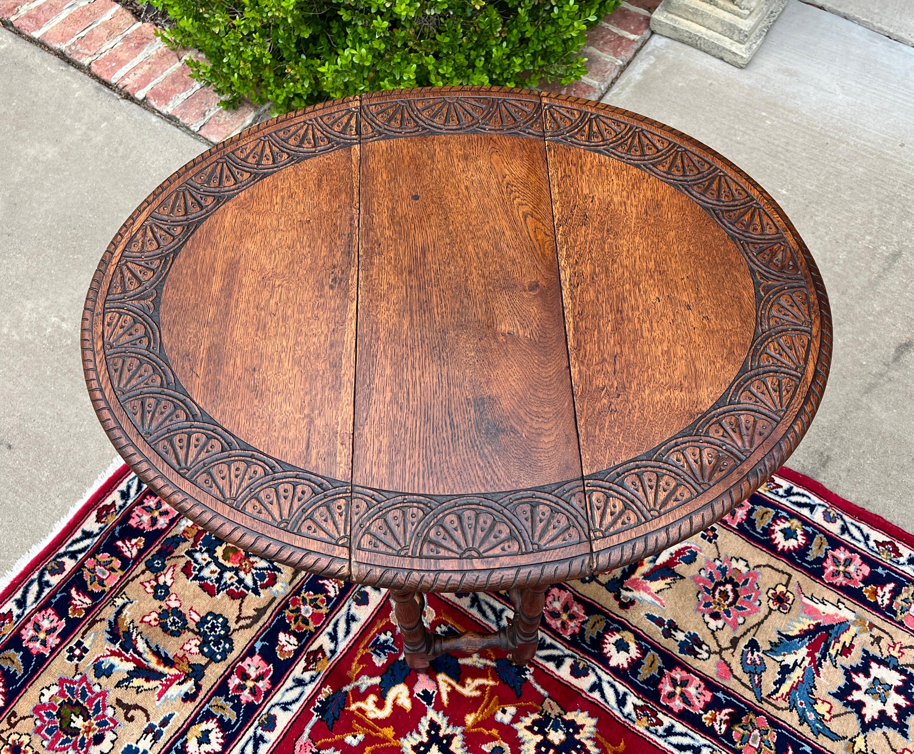Antique English Table Drop Leaf Gateleg Turned Post Carved Top Oak Oval For Sale 6