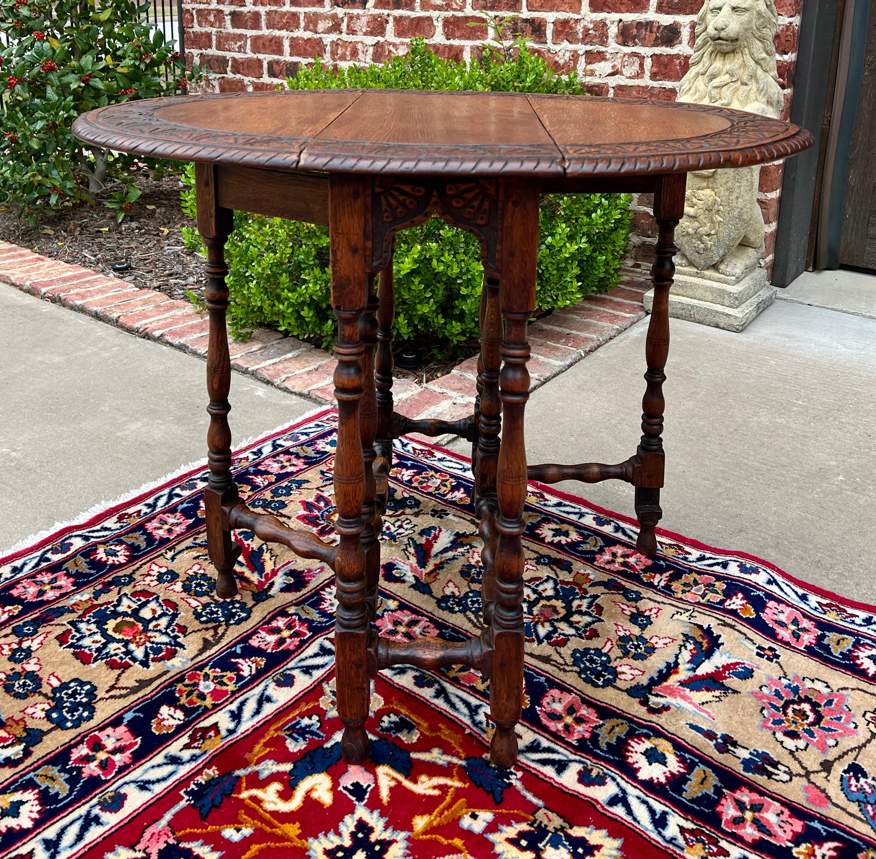 Antique English Table Drop Leaf Gateleg Turned Post Carved Top Oak Oval For Sale 7