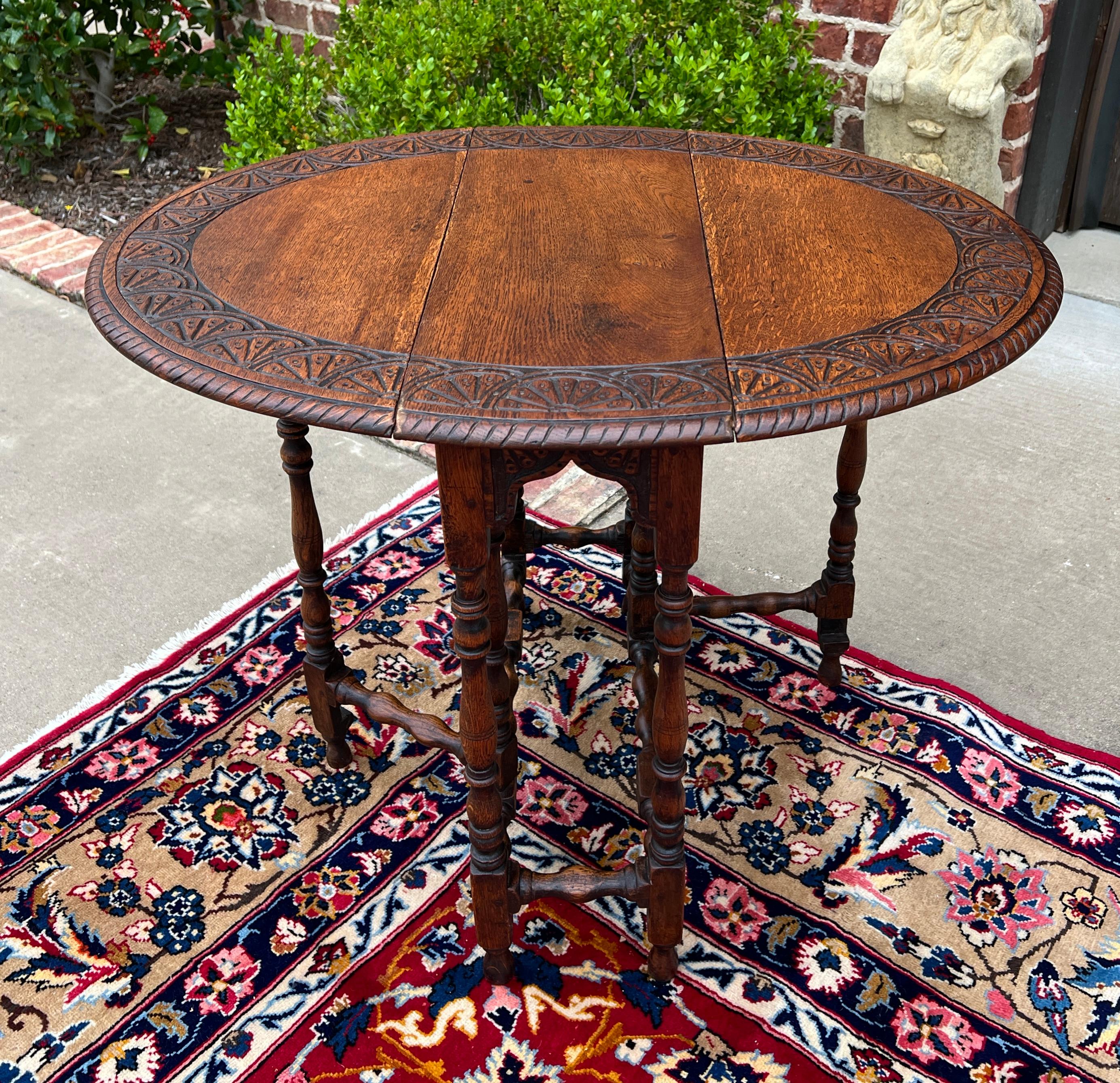Antique English Table Drop Leaf Gateleg Turned Post Carved Top Oak Oval 8