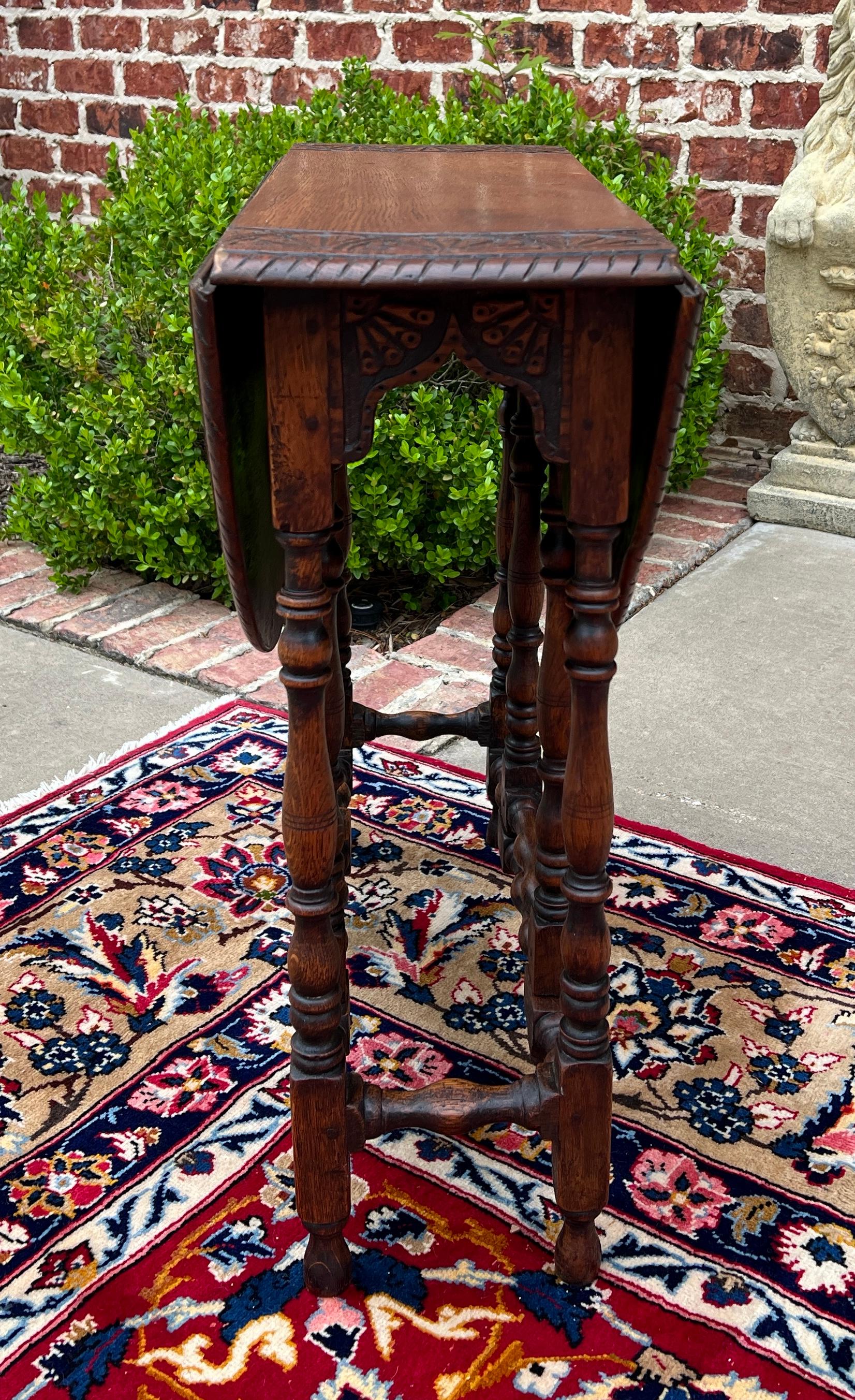 Antique English Table Drop Leaf Gateleg Turned Post Carved Top Oak Oval 9