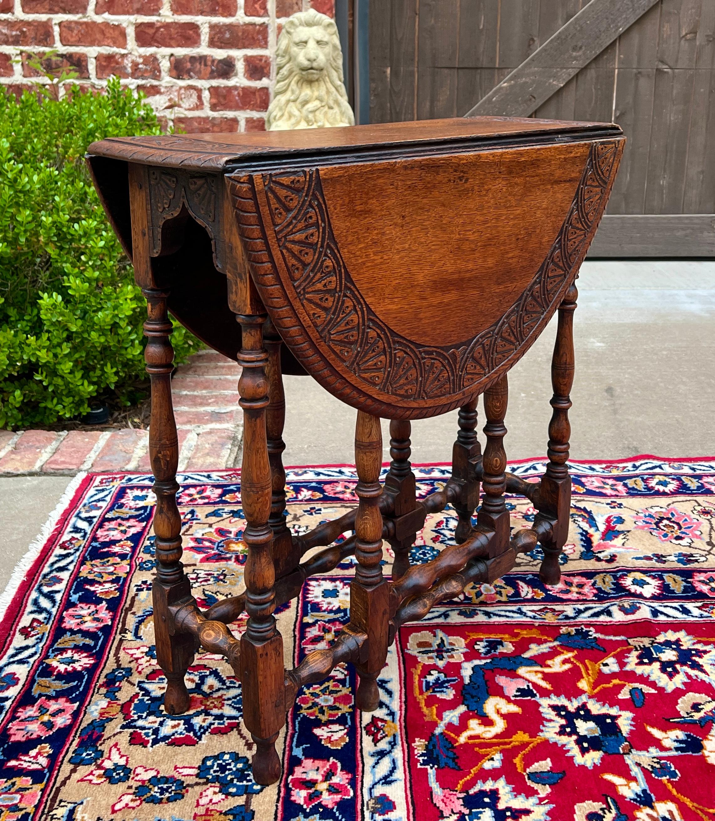 Arts and Crafts Antique English Table Drop Leaf Gateleg Turned Post Carved Top Oak Oval For Sale