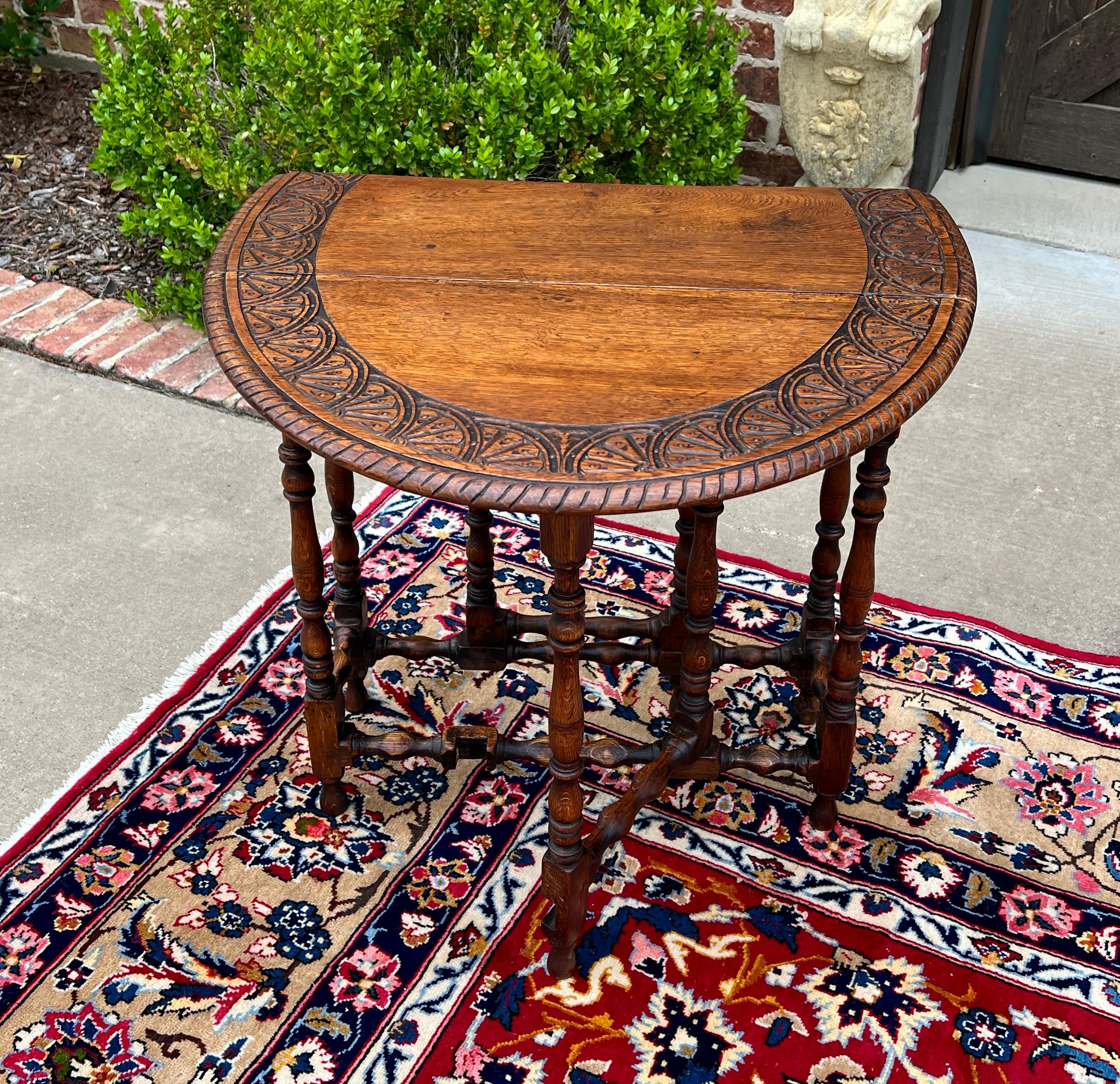 Antique English Table Drop Leaf Gateleg Turned Post Carved Top Oak Oval For Sale 1
