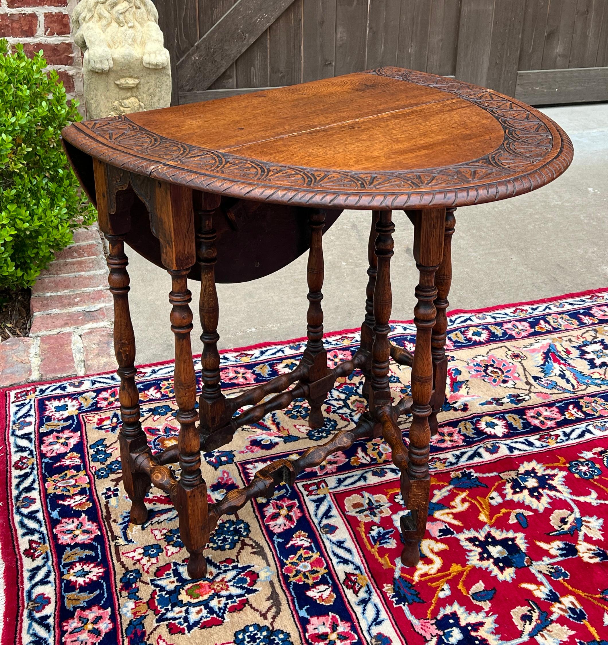Antique English Table Drop Leaf Gateleg Turned Post Carved Top Oak Oval 2