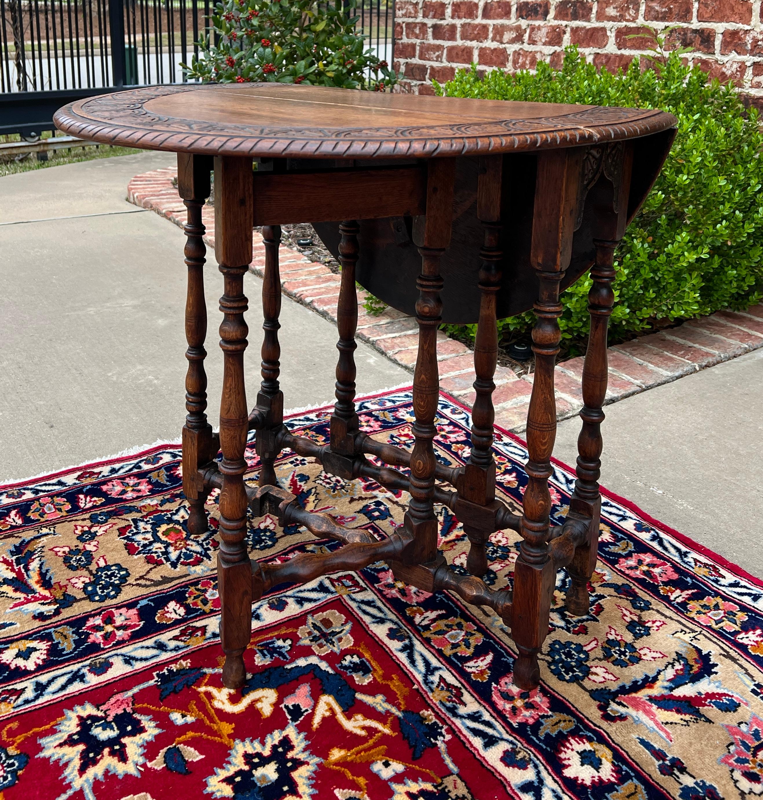 Antique English Table Drop Leaf Gateleg Turned Post Carved Top Oak Oval For Sale 3