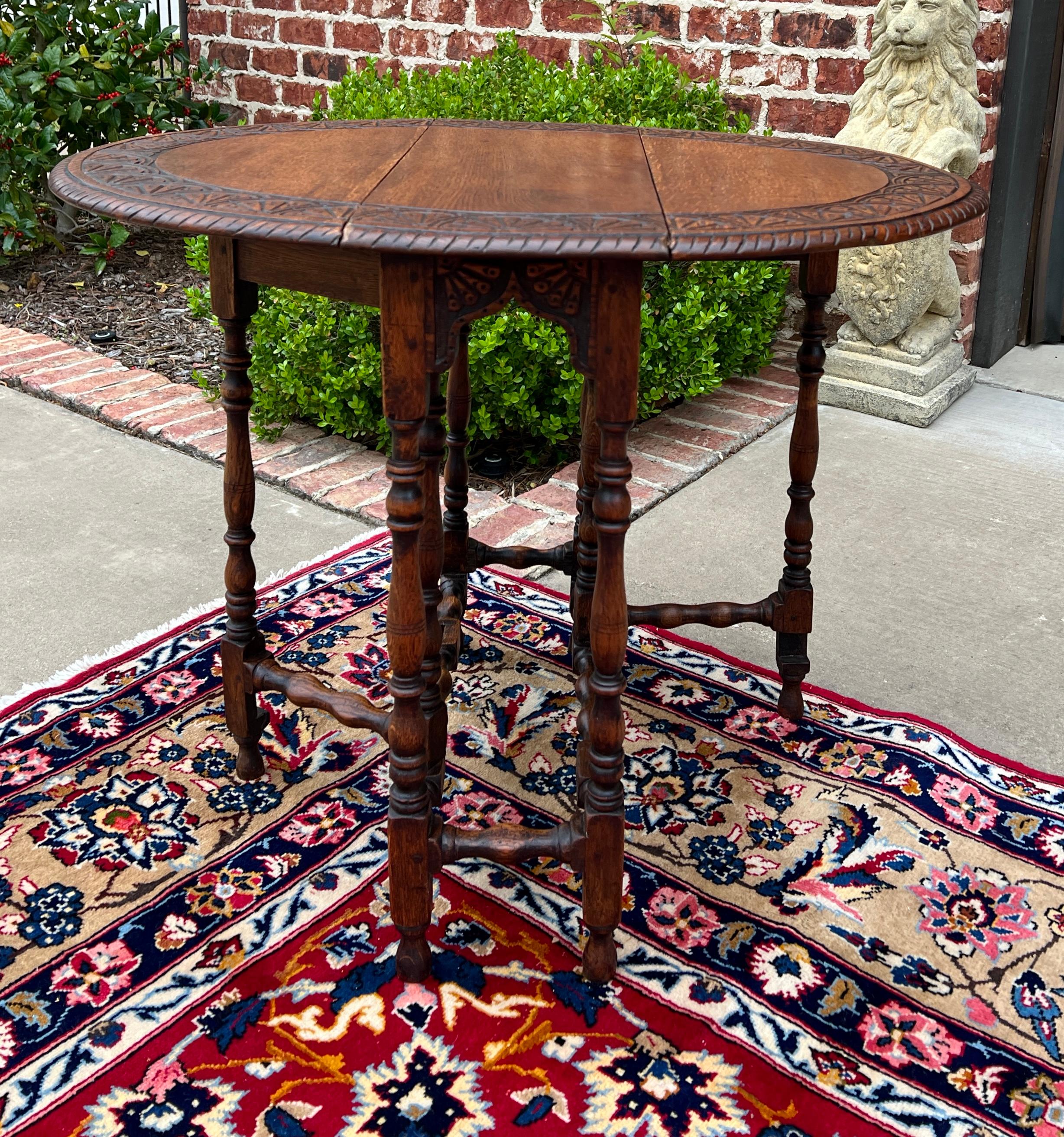 Antique English Table Drop Leaf Gateleg Turned Post Carved Top Oak Oval For Sale 4