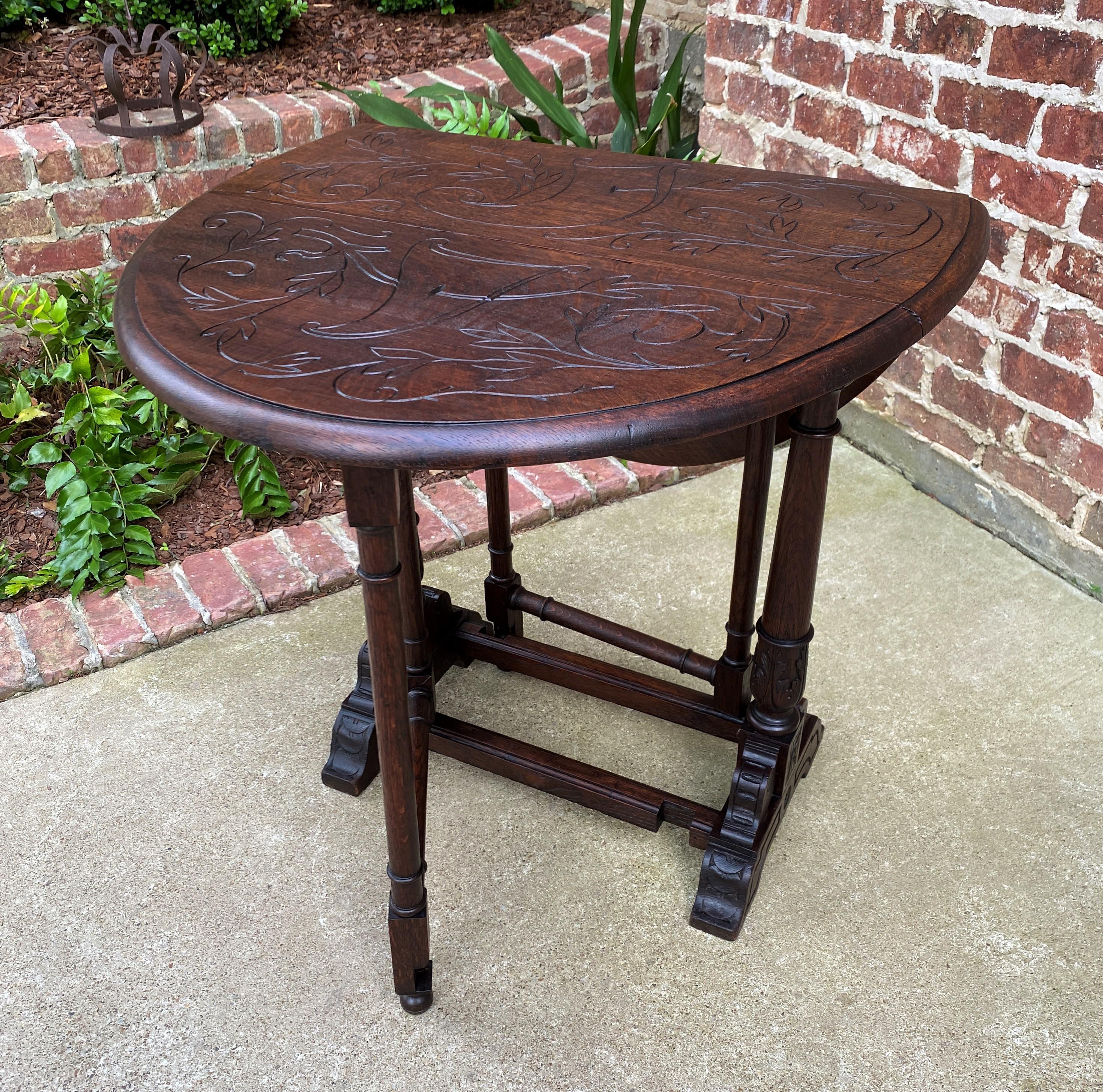 Antique English Table Drop Leaf Gateleg Turned Post Carved Top Trestle Base Oak For Sale 11