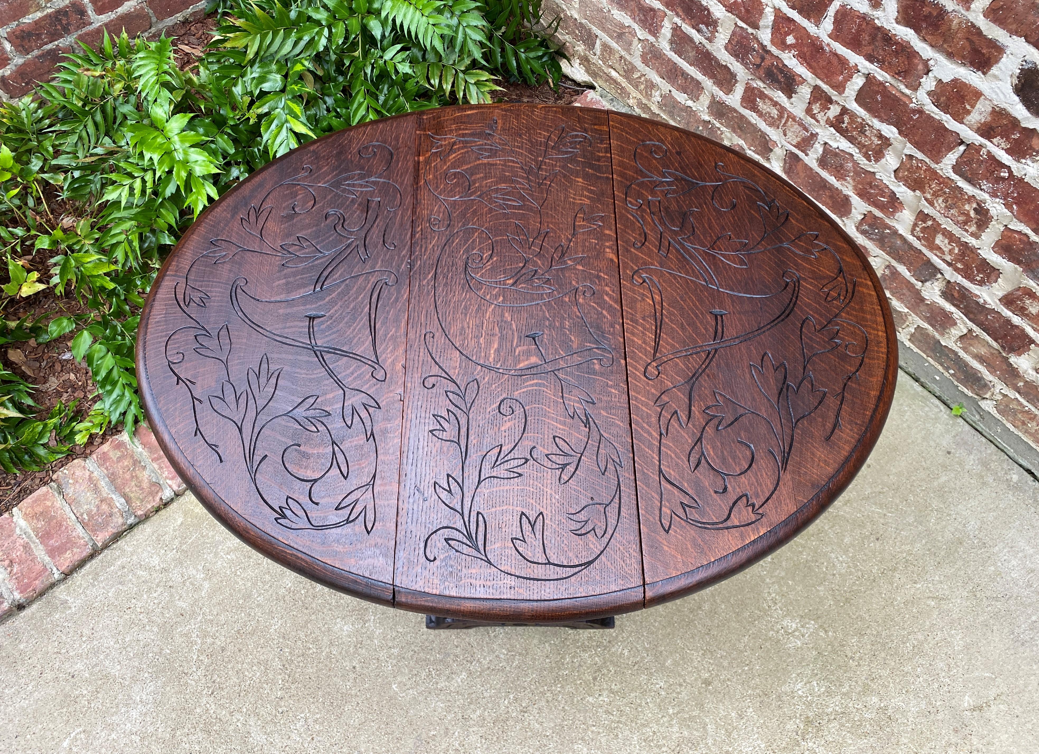 Antique English Table Drop Leaf Gateleg Turned Post Carved Top Trestle Base Oak For Sale 12