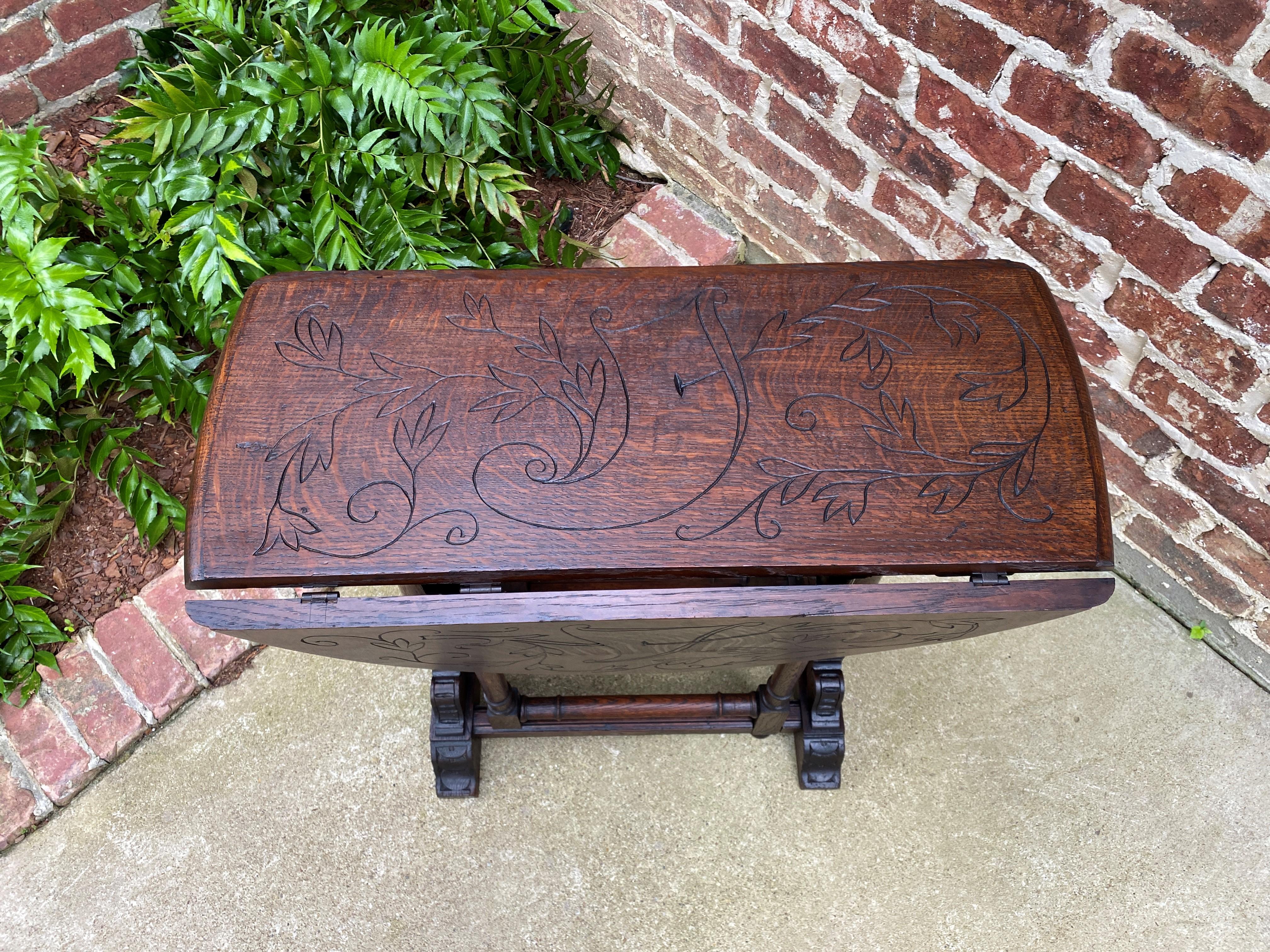 Arts and Crafts Antique English Table Drop Leaf Gateleg Turned Post Carved Top Trestle Base Oak For Sale