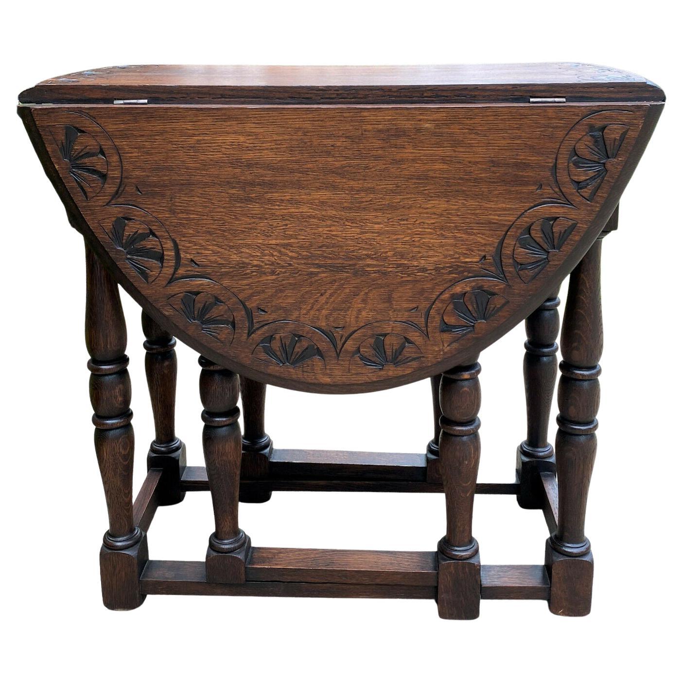 Antique English Table Drop Leaf Gateleg Turned Post Legs Oval Oak Carved Top