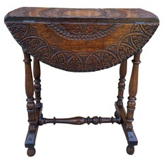 Antique English Table Drop Leaf HIGHLY CARVED Top Oak PETITE Trestle Legs ROUND