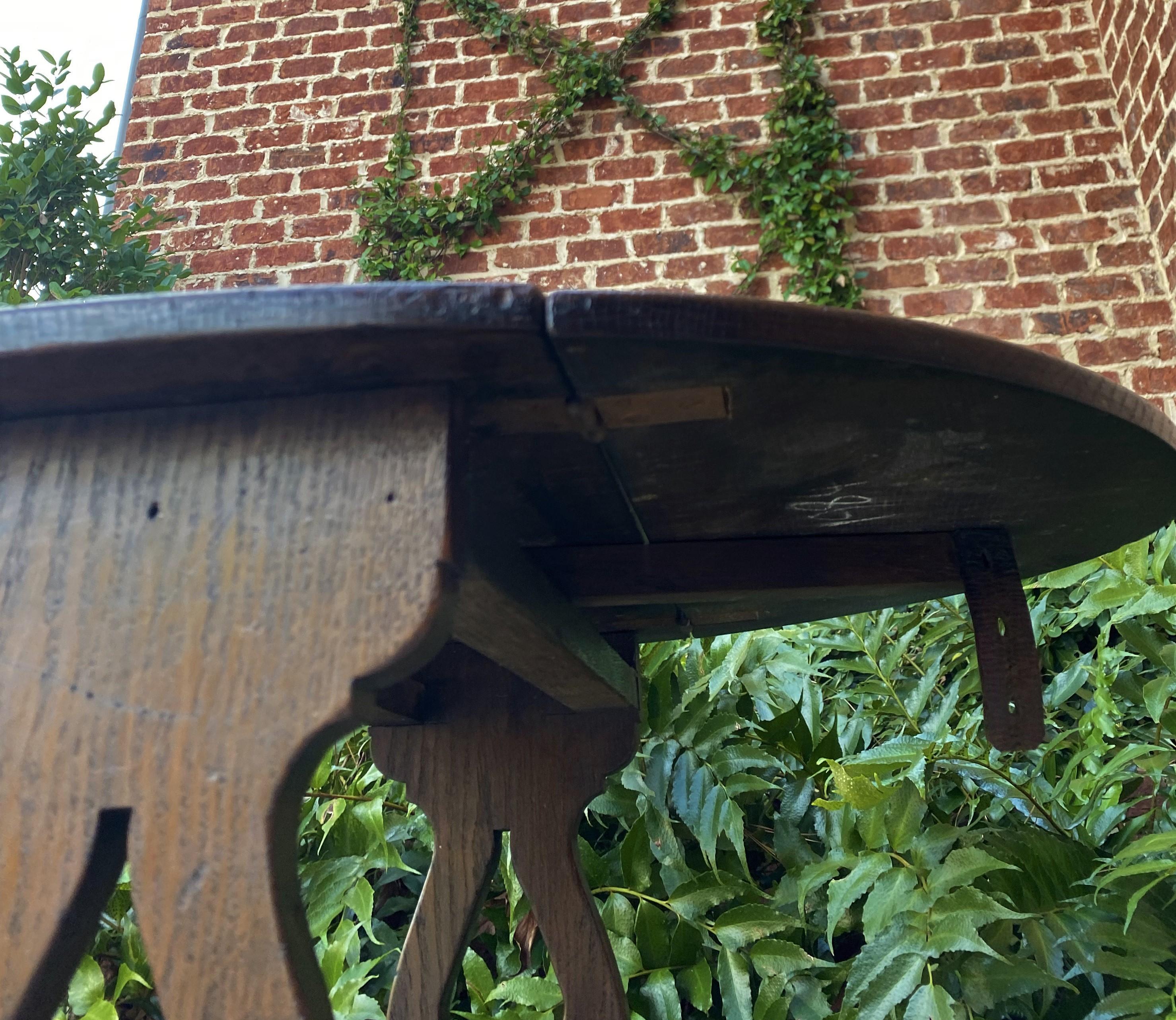 Antique English Table Drop Leaf Trestle Base Petite Oak Pegged Oval End Table 4