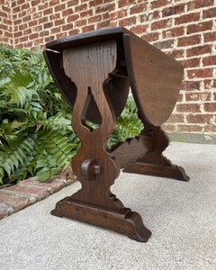 Antique English Table Drop Leaf Trestle Base Petite Oak Pegged Oval End Table