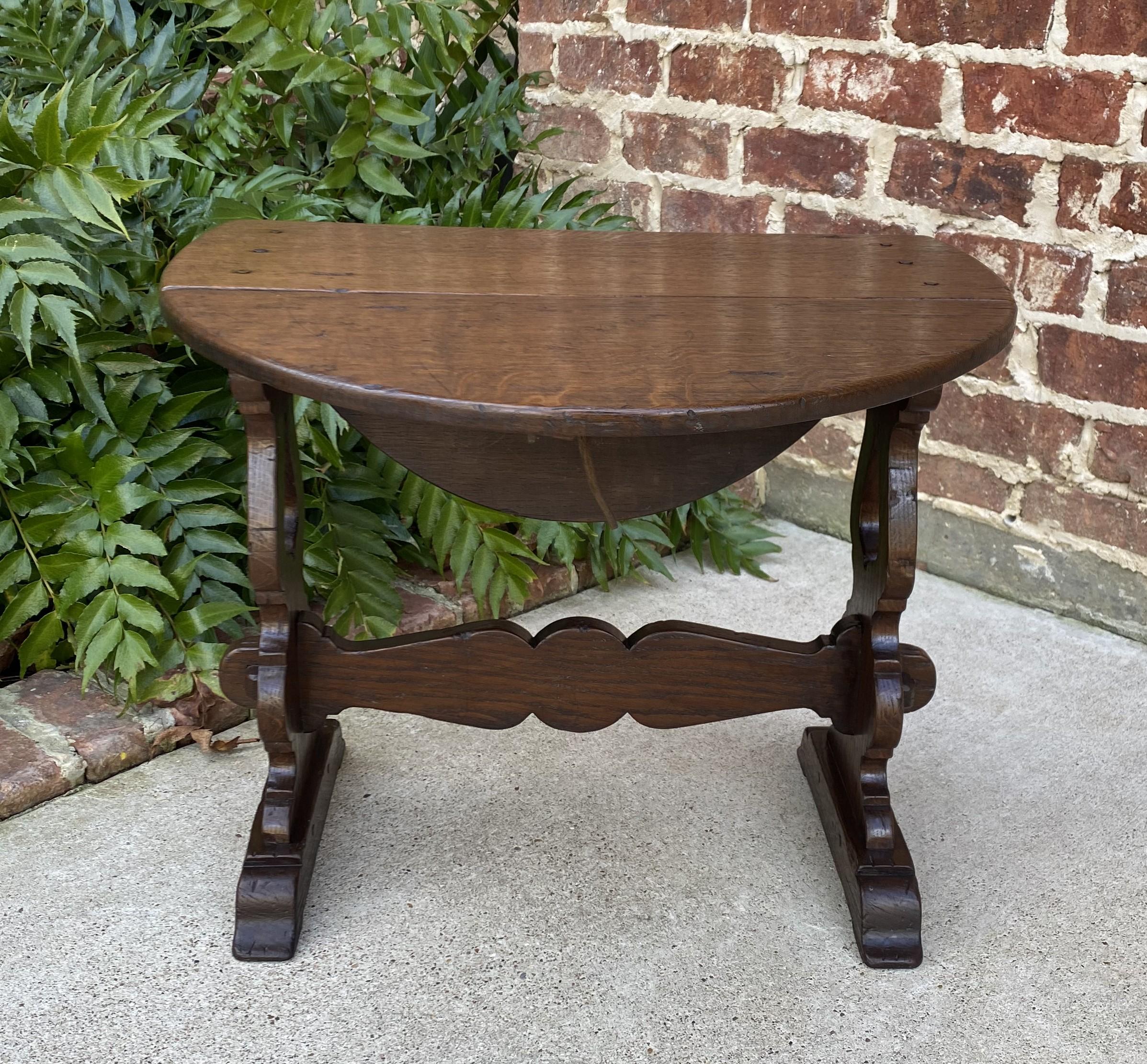 Arts and Crafts Antique English Table Drop Leaf Trestle Base Petite Oak Pegged Oval End Table