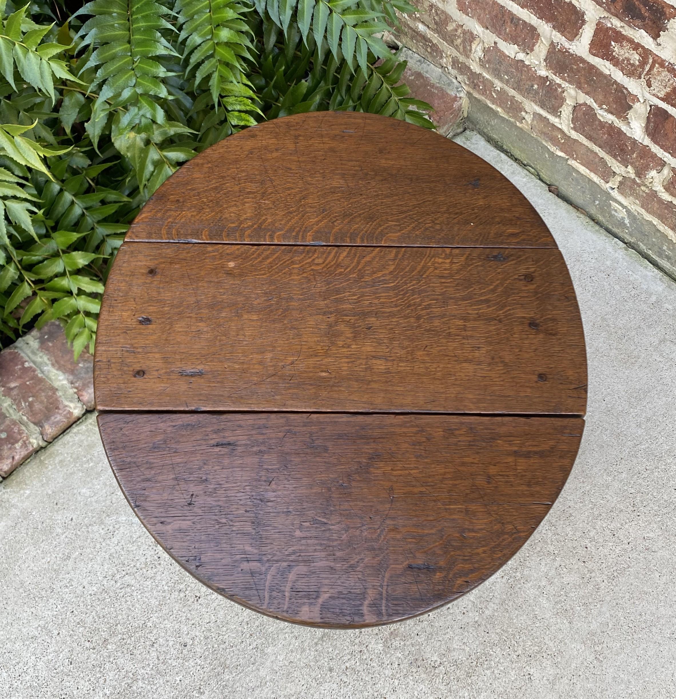 Carved Antique English Table Drop Leaf Trestle Base Petite Oak Pegged Oval End Table