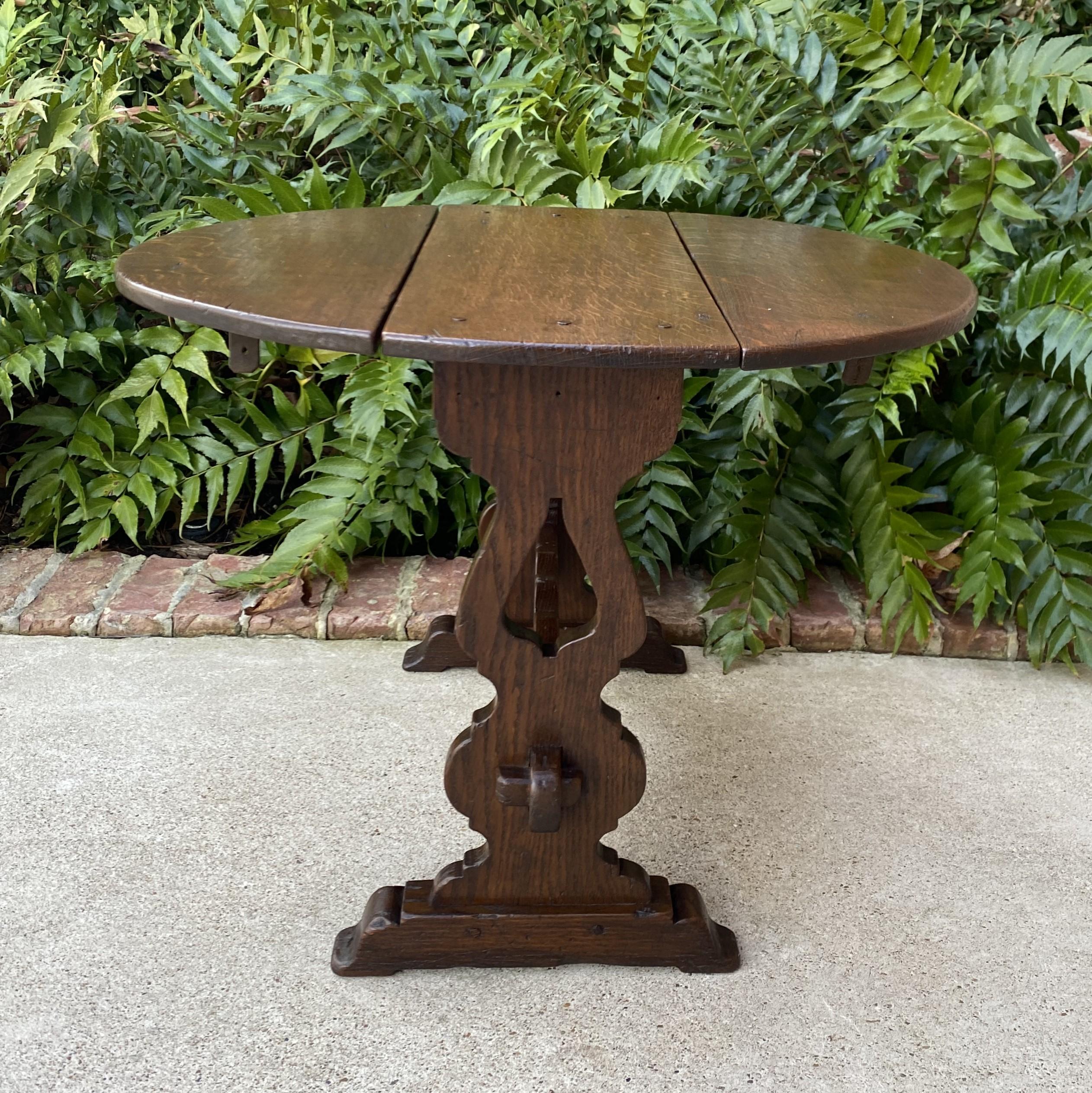 Antique English Table Drop Leaf Trestle Base Petite Oak Pegged Oval End Table 1