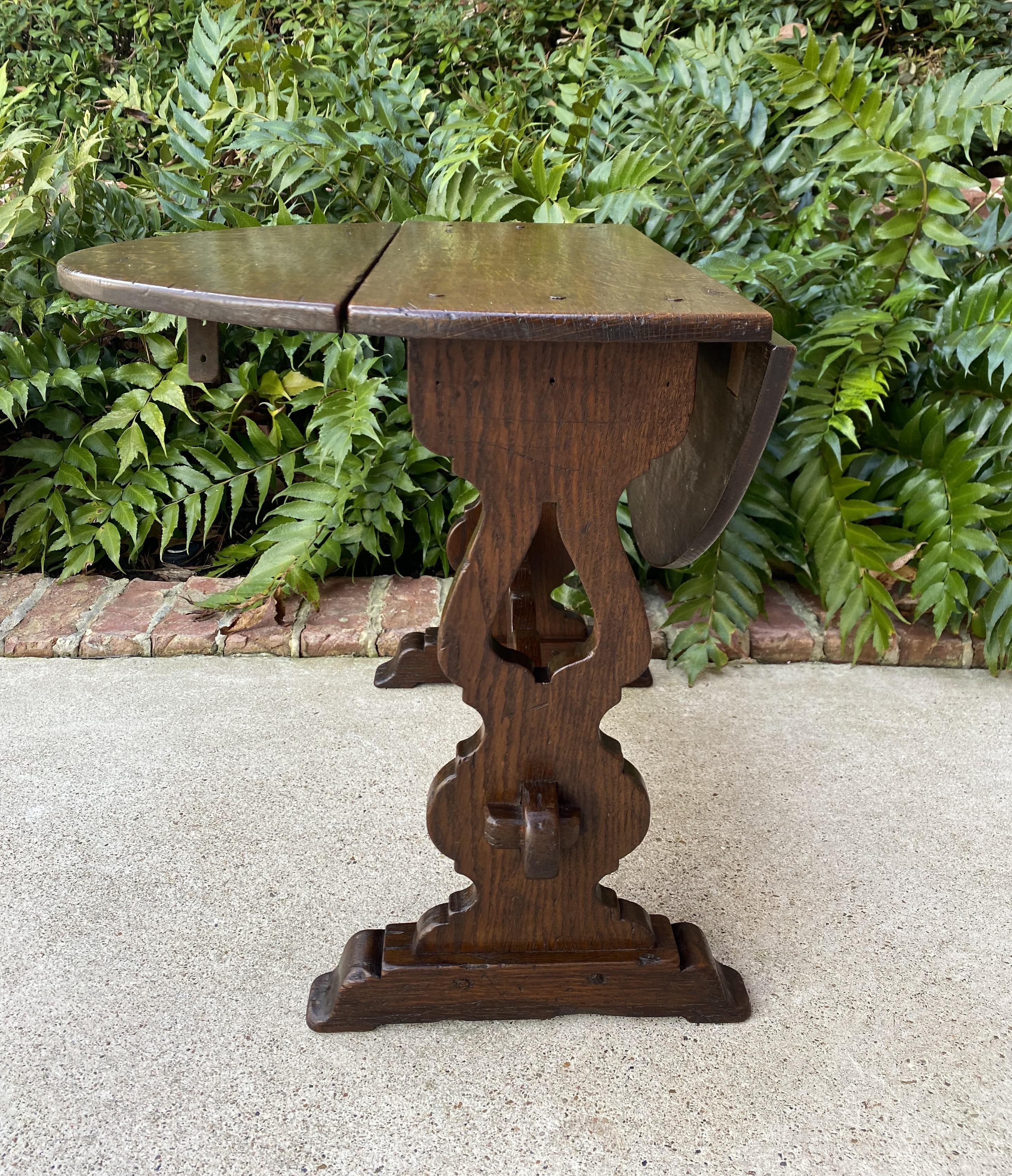 Antique English Table Drop Leaf Trestle Base Petite Oak Pegged Oval End Table 2