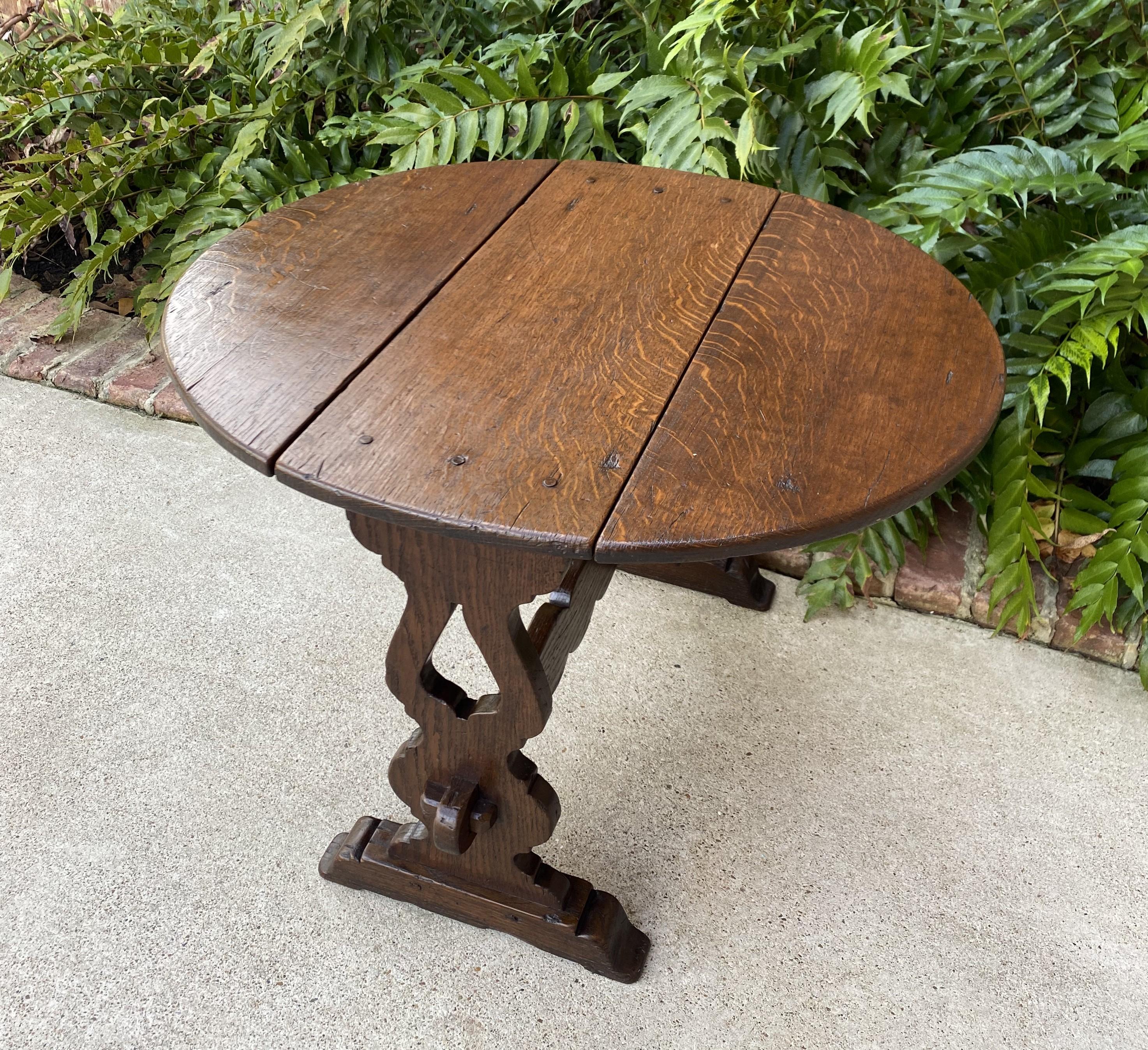 Antique English Table Drop Leaf Trestle Base Petite Oak Pegged Oval End Table 3