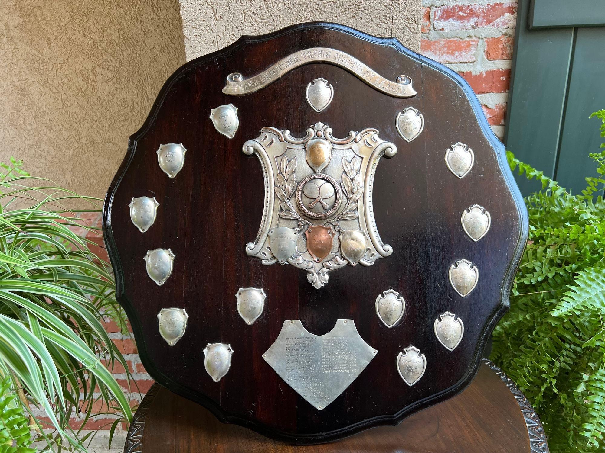 Antique English Table Tennis Trophy Award Plaque c1939 Silver plate Shield.

Direct from England, just arrived in our most recent container, we have several of these one-of-a-kind English trophies that are brimming with provenance, and oh “the