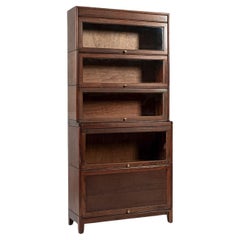Antique English Tall Stepback Oak Wood Barrister Bookcase Cabinet