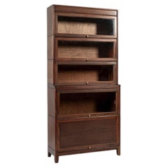 Antique English Tall Stepback Oak Wood Barrister Bookcase Cabinet