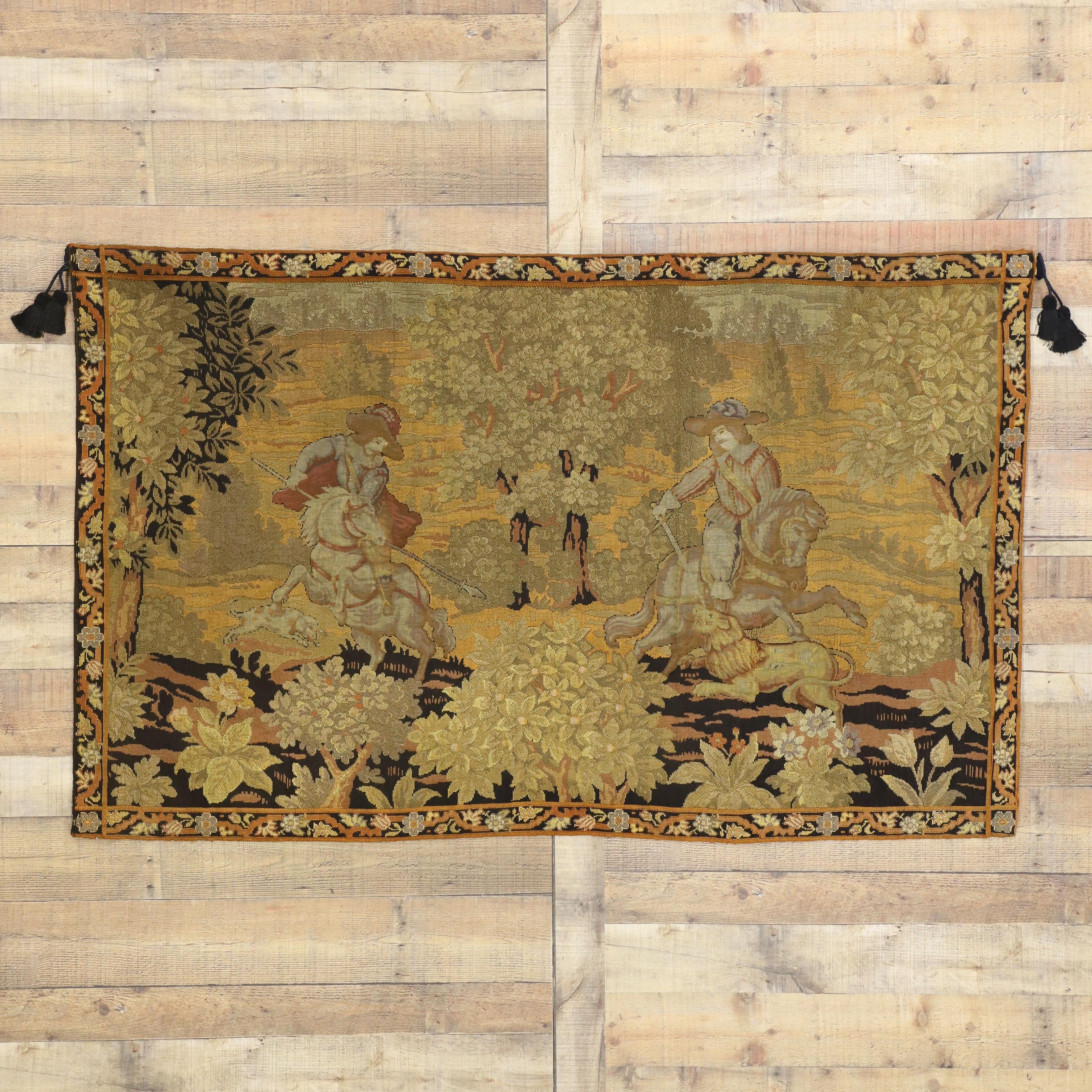 Antique English Tapestry with Medieval Hunting Scene, Wall Hanging In Good Condition In Dallas, TX