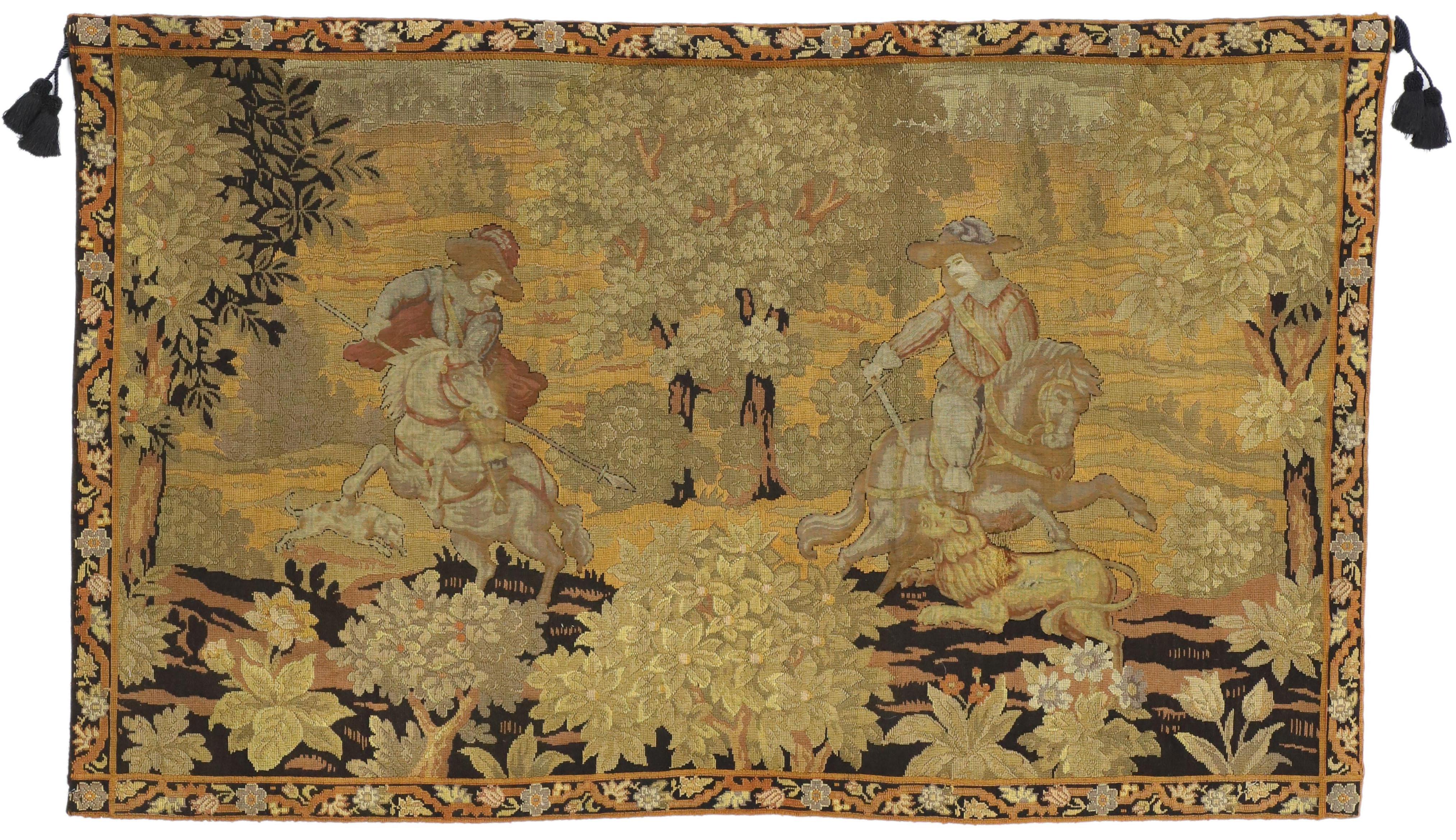 19th Century Antique English Tapestry with Medieval Hunting Scene, Wall Hanging