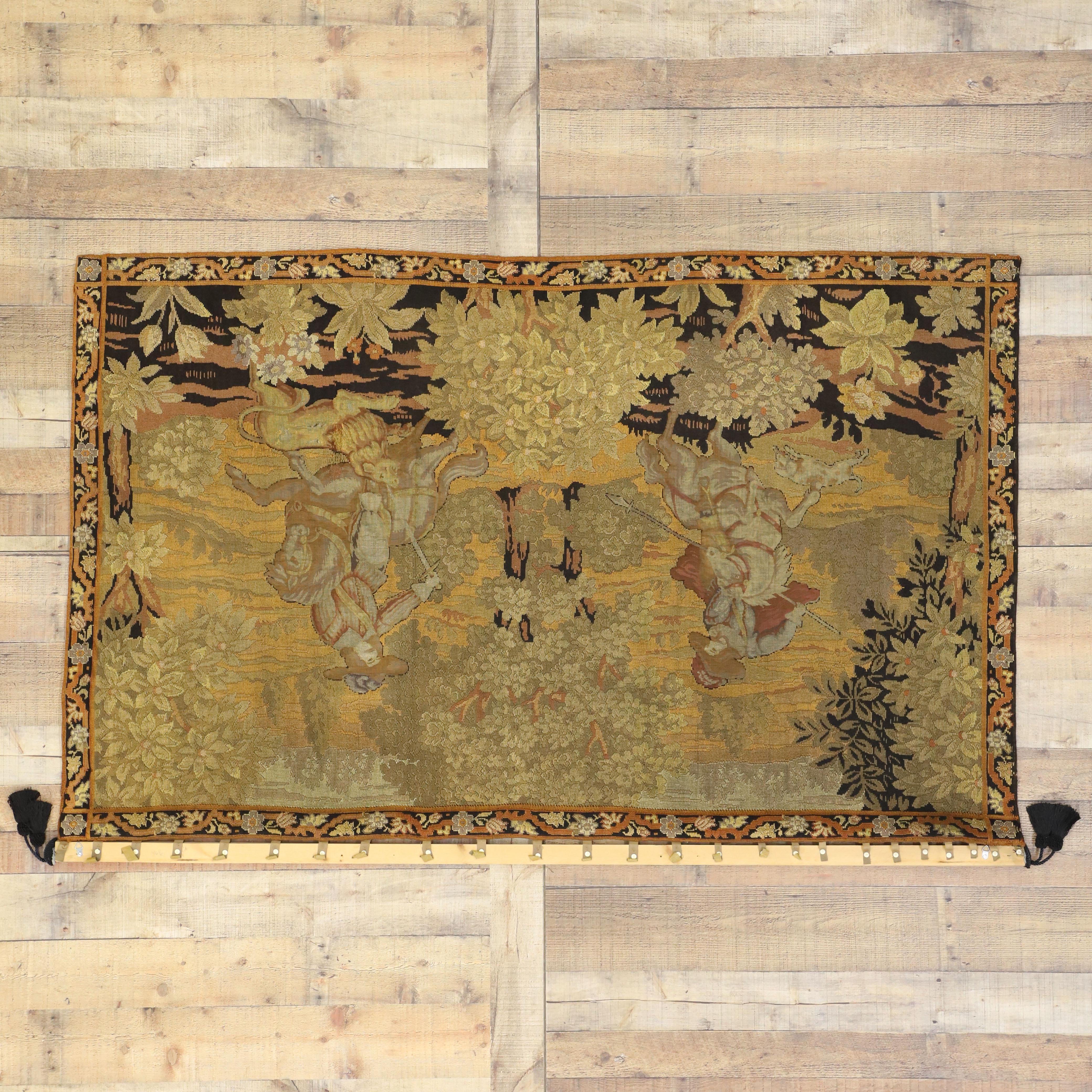 Wool Antique English Tapestry with Medieval Hunting Scene, Wall Hanging