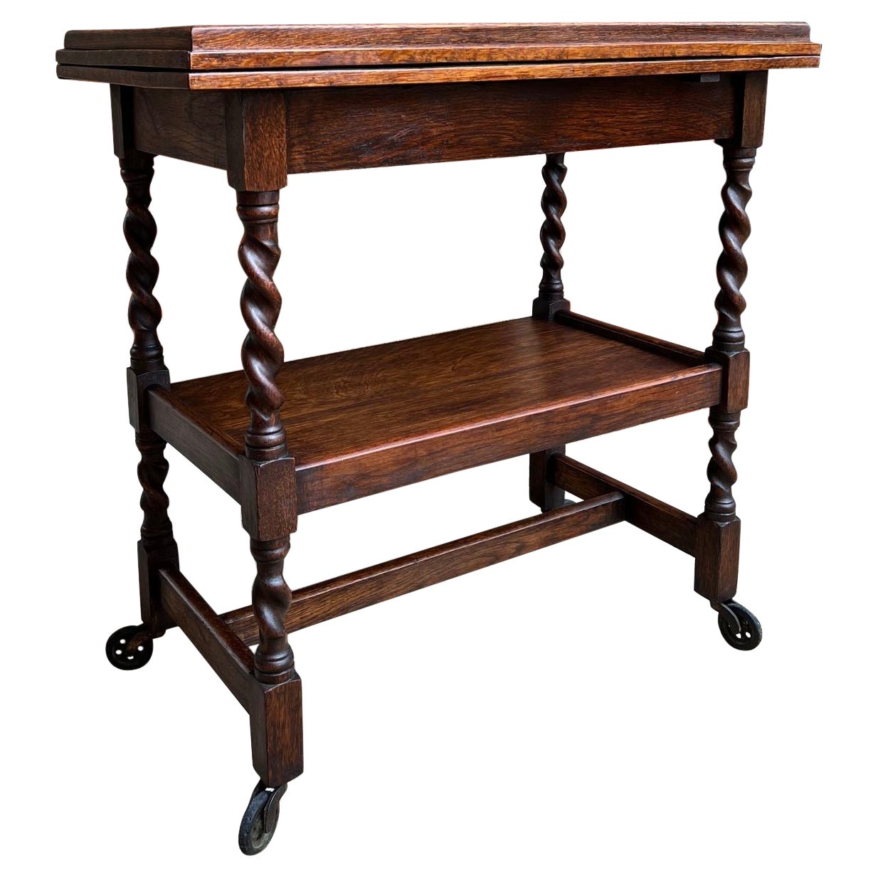 Antique English Tea Trolley Bar Drinks Cart Oak Barley Twist Flip Top Game Table