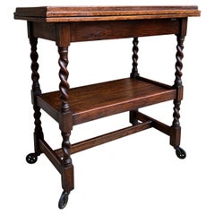 Antique English Tea Trolley Bar Drinks Cart Oak Barley Twist Flip Top Game Table