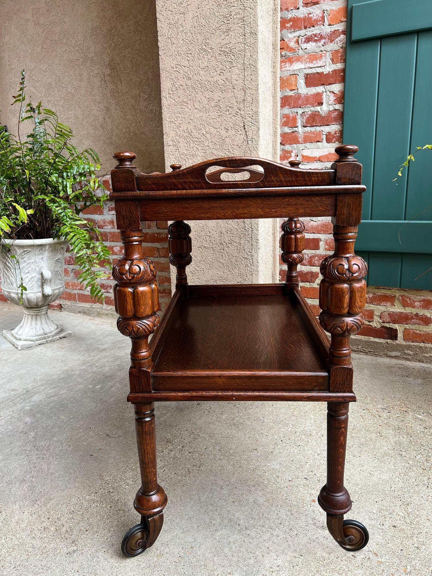 Antique English Tea Trolley Drinks Bar Cart Cocktail Tray Tudor Table Carved Oak 5