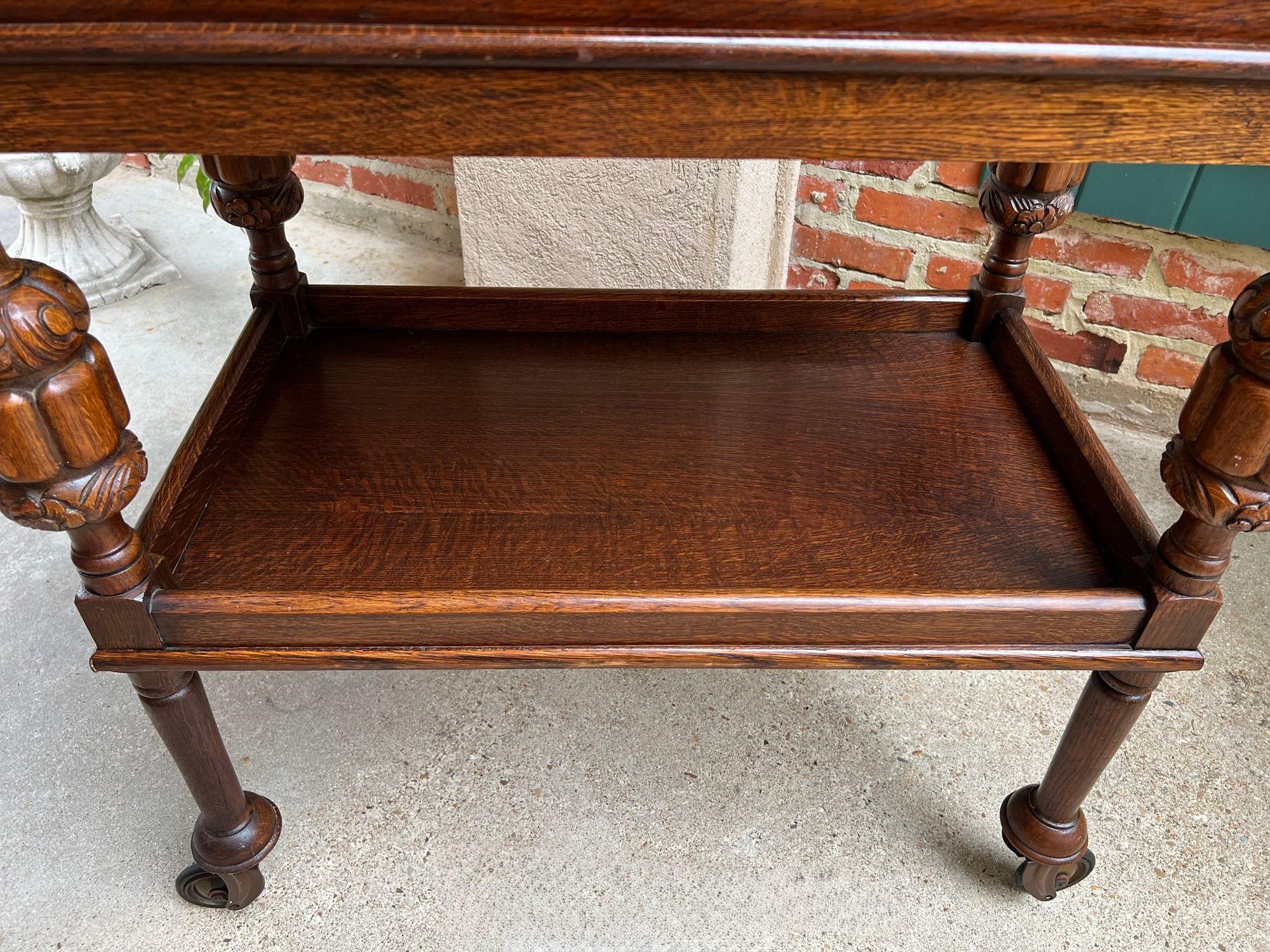 Antique English Tea Trolley Drinks Bar Cart Cocktail Tray Tudor Table Carved Oak 6