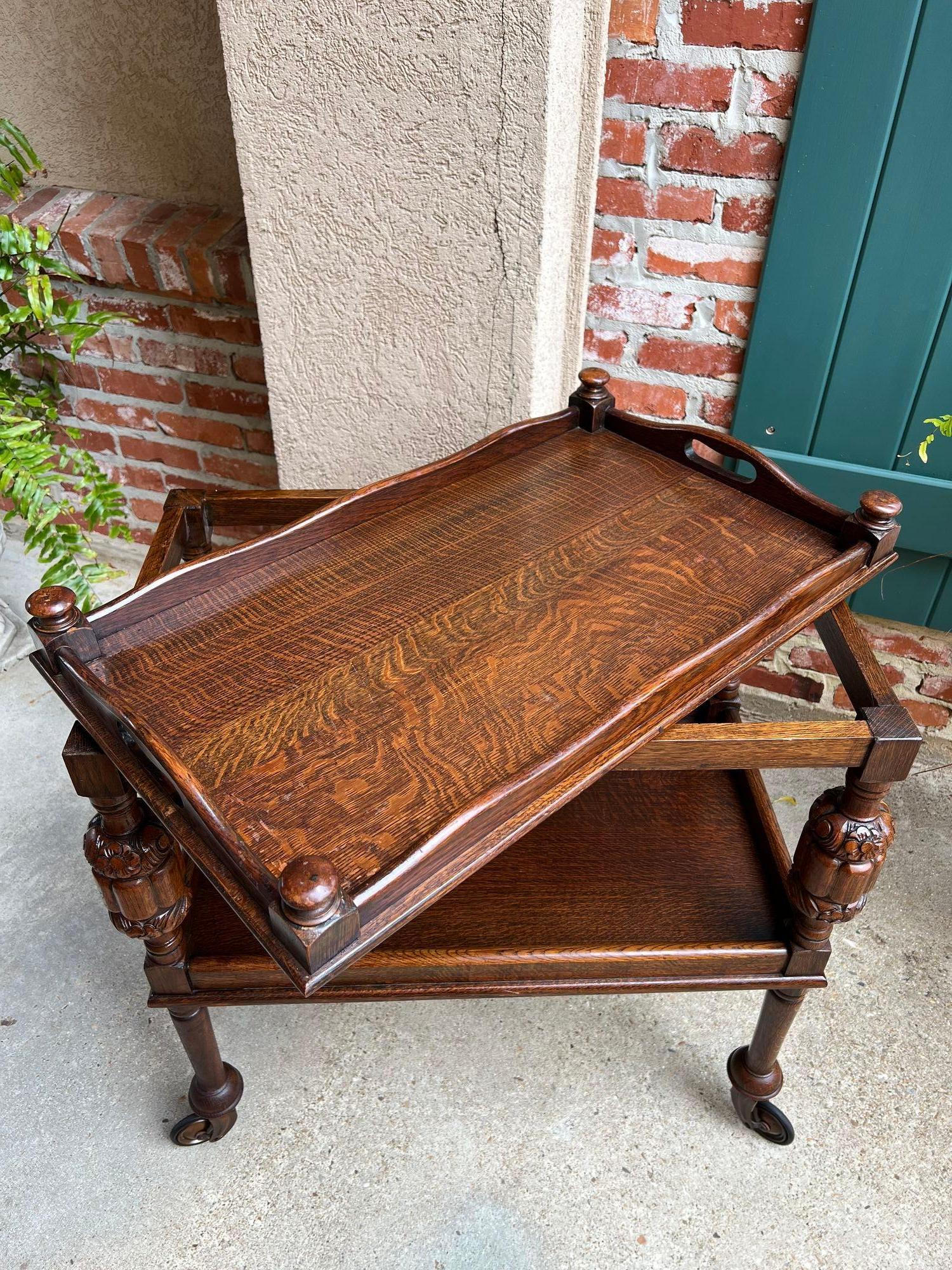 Antique English Tea Trolley Drinks Bar Cart Cocktail Tray Tudor Table Carved Oak 7
